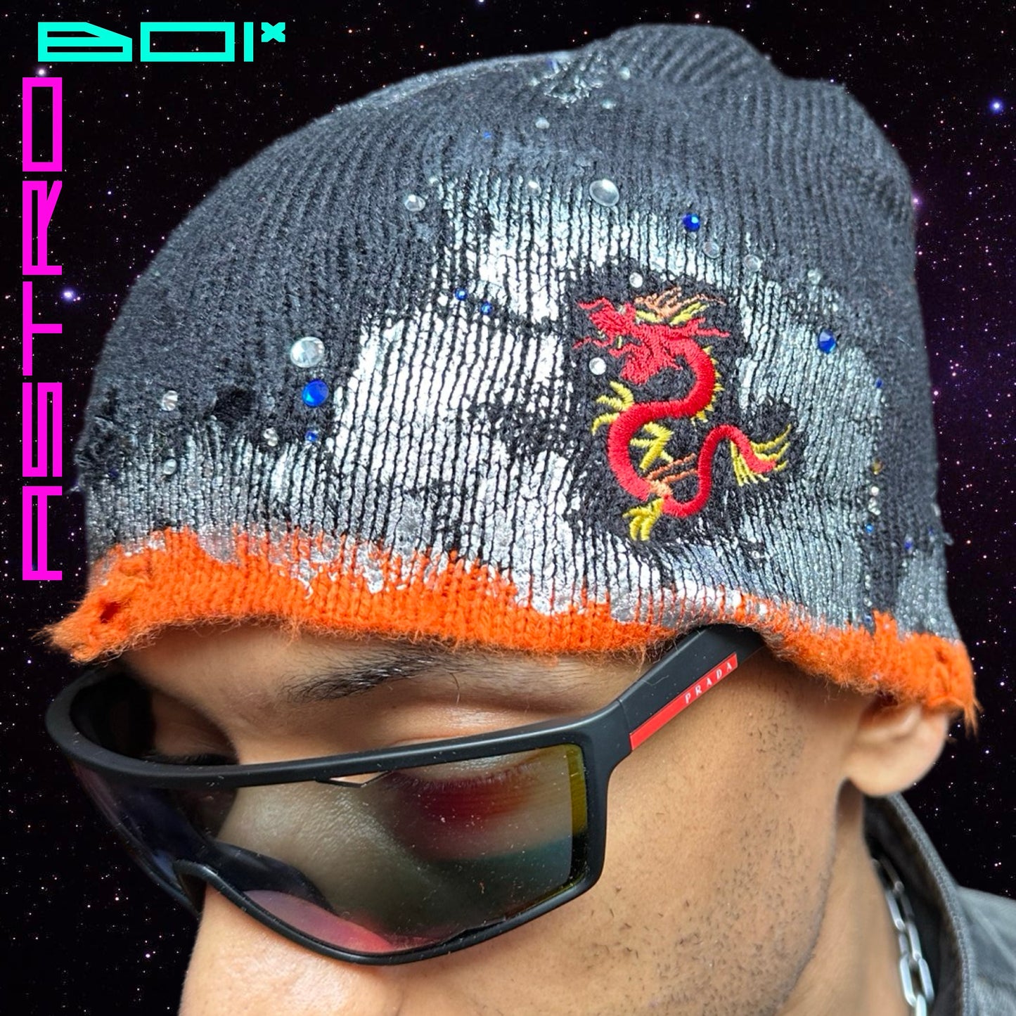 ASTROBOI* BLACK DRAGON KNIT RHINESTONE BEANIE