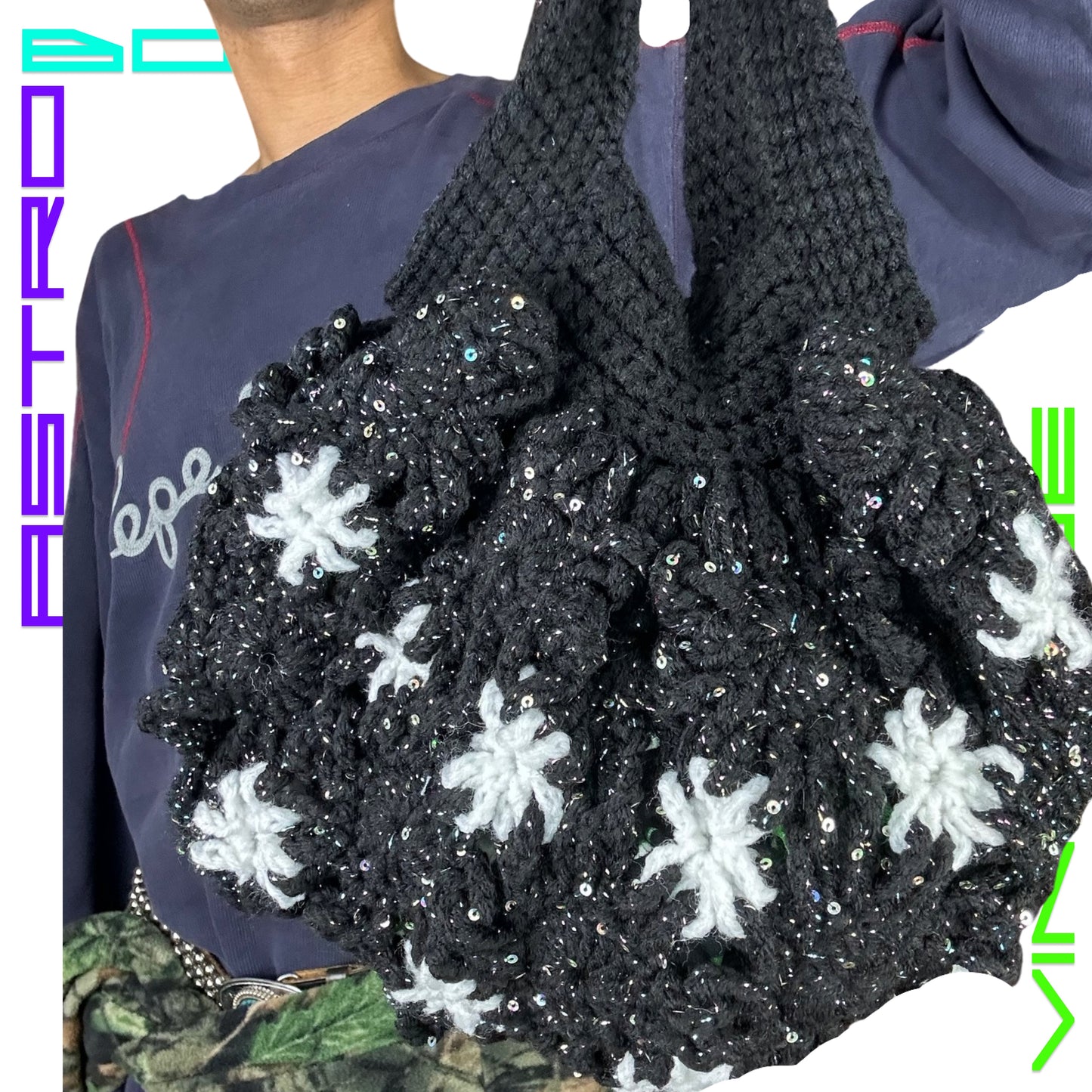 BLACK CROTCHET SHOULDER BAG WITH ABSTRACT WHITE SNOWFLAKES AND SEQUINS