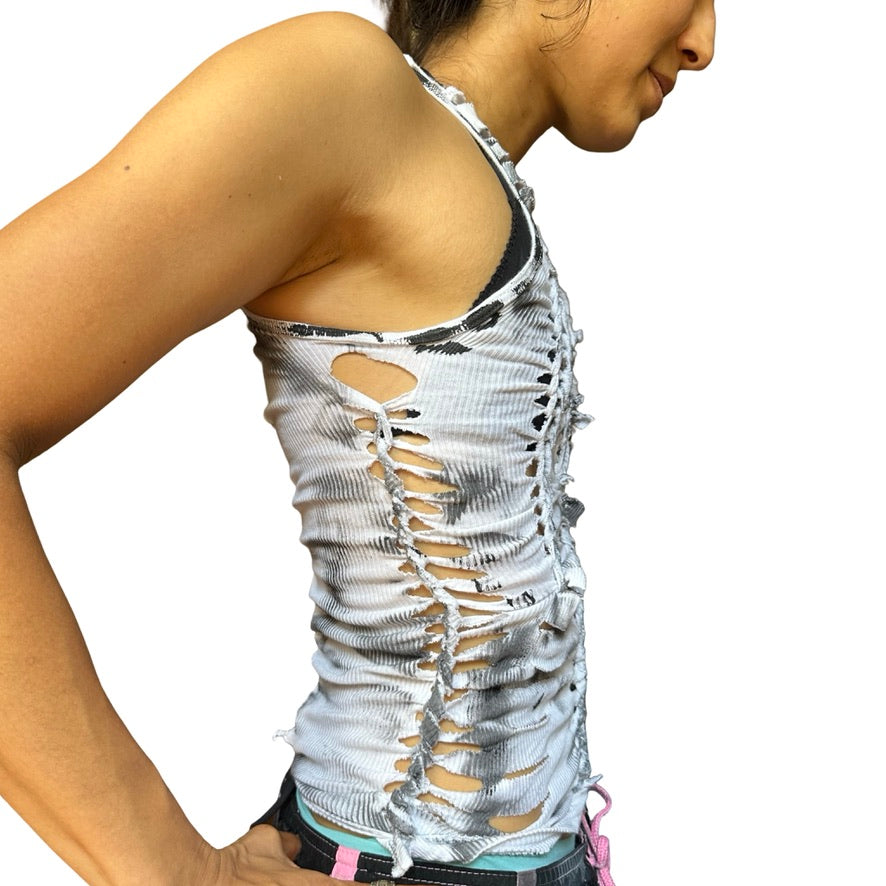 ASTROBOI* 'Smudge' White & Black Painted Braided Twist Tank Top – right