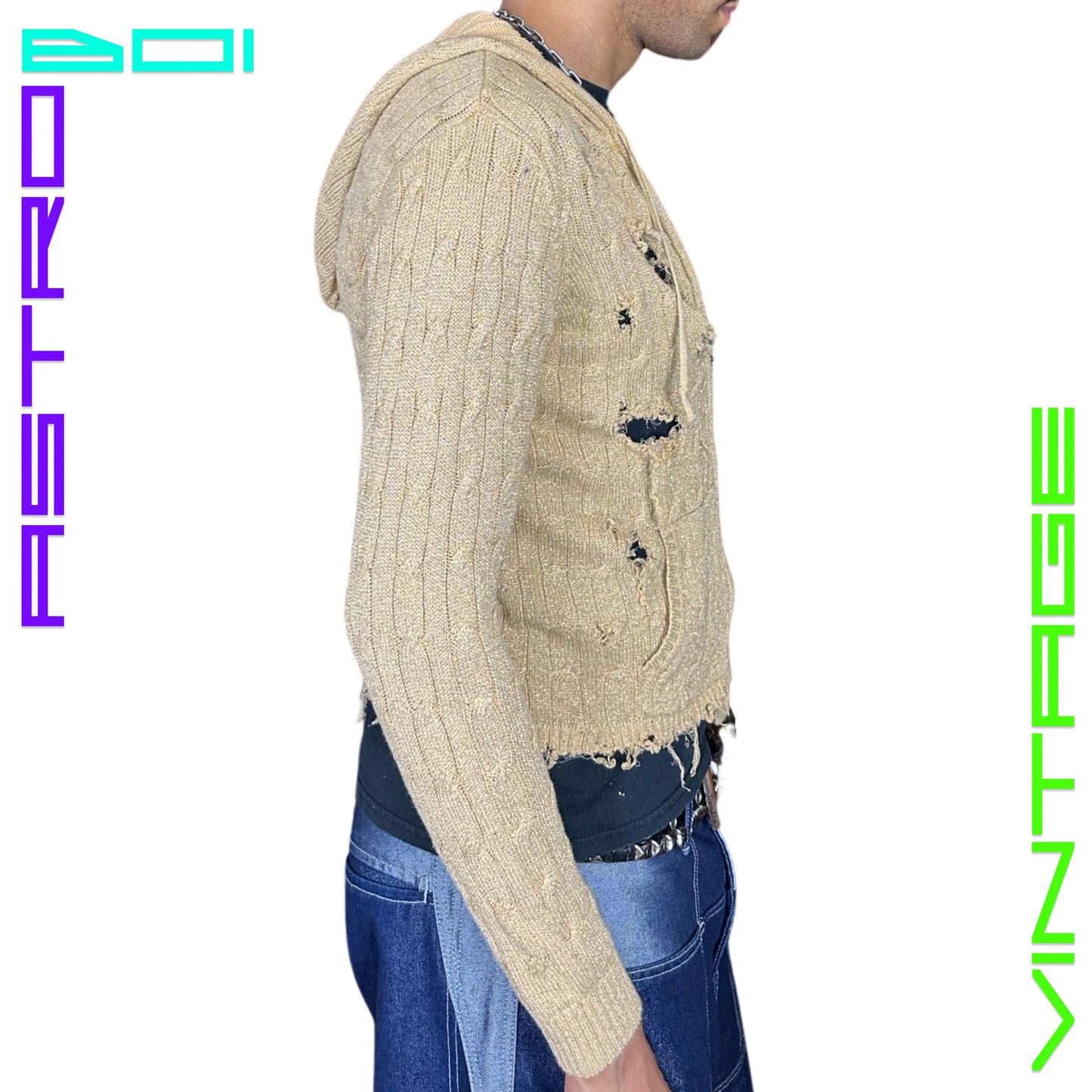 ASTROBOI CUSTOMIZED RALPH LAUREN GOLD CABLE KNIT GRUNGE ZIP UP_ LARGE