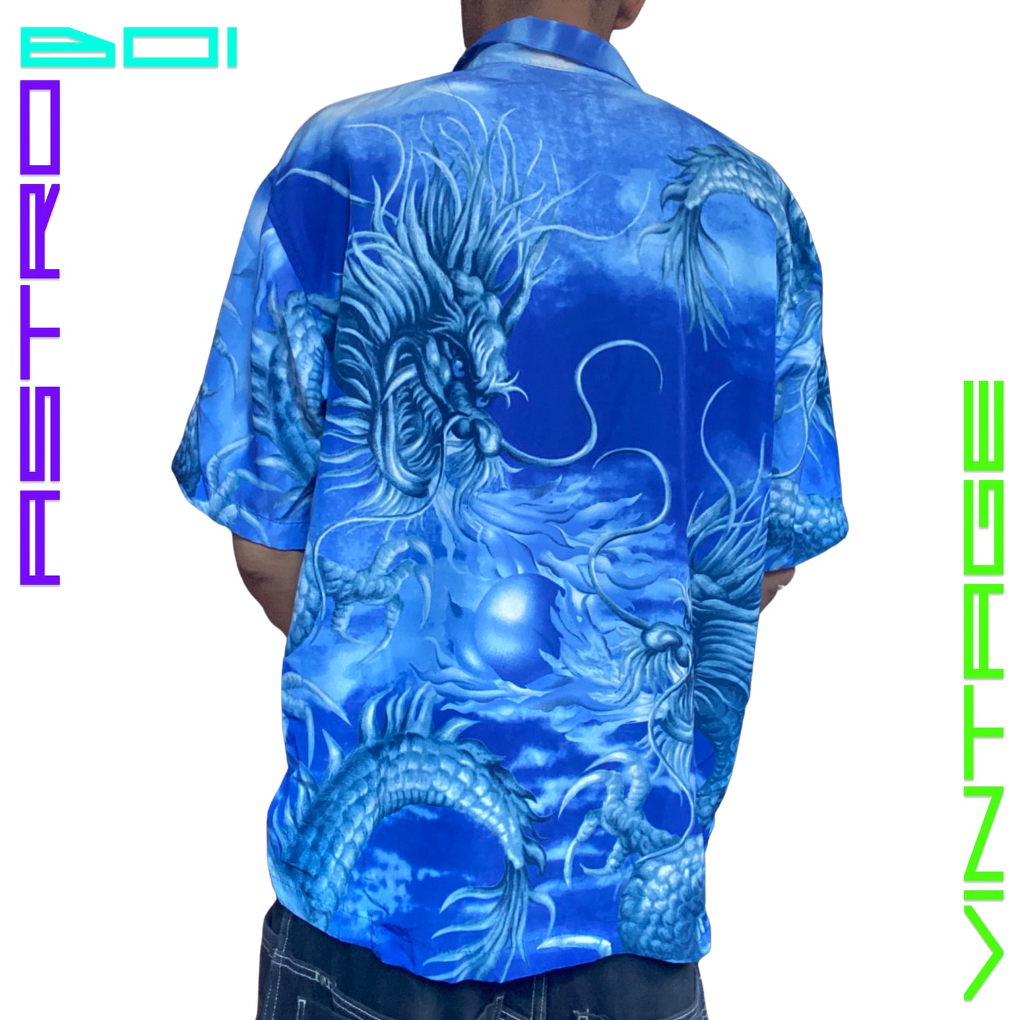 VINTAGE NO BOUNDARIES BLUE DRAGON PRINT SHIRT