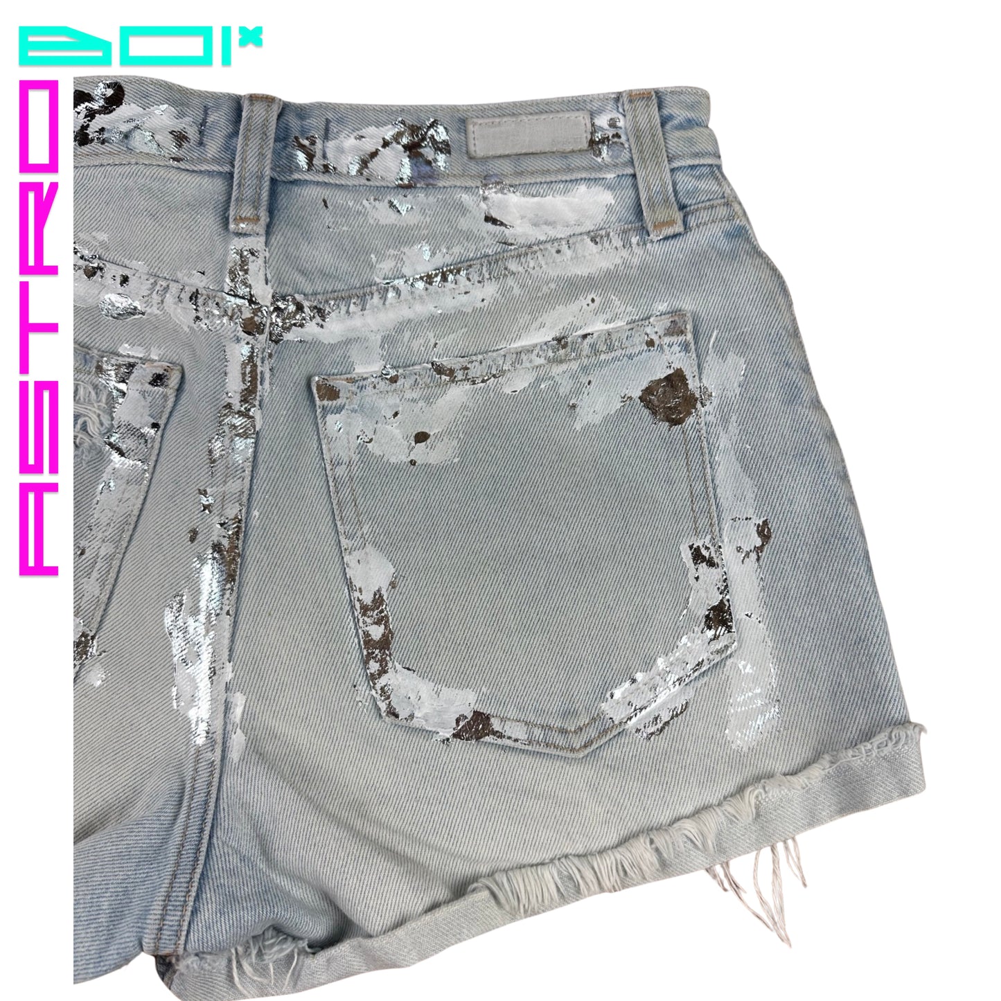 ASTROBOI* x Abercrombie & Fitch Light Blue Foil Denim Shorts - Flat back right