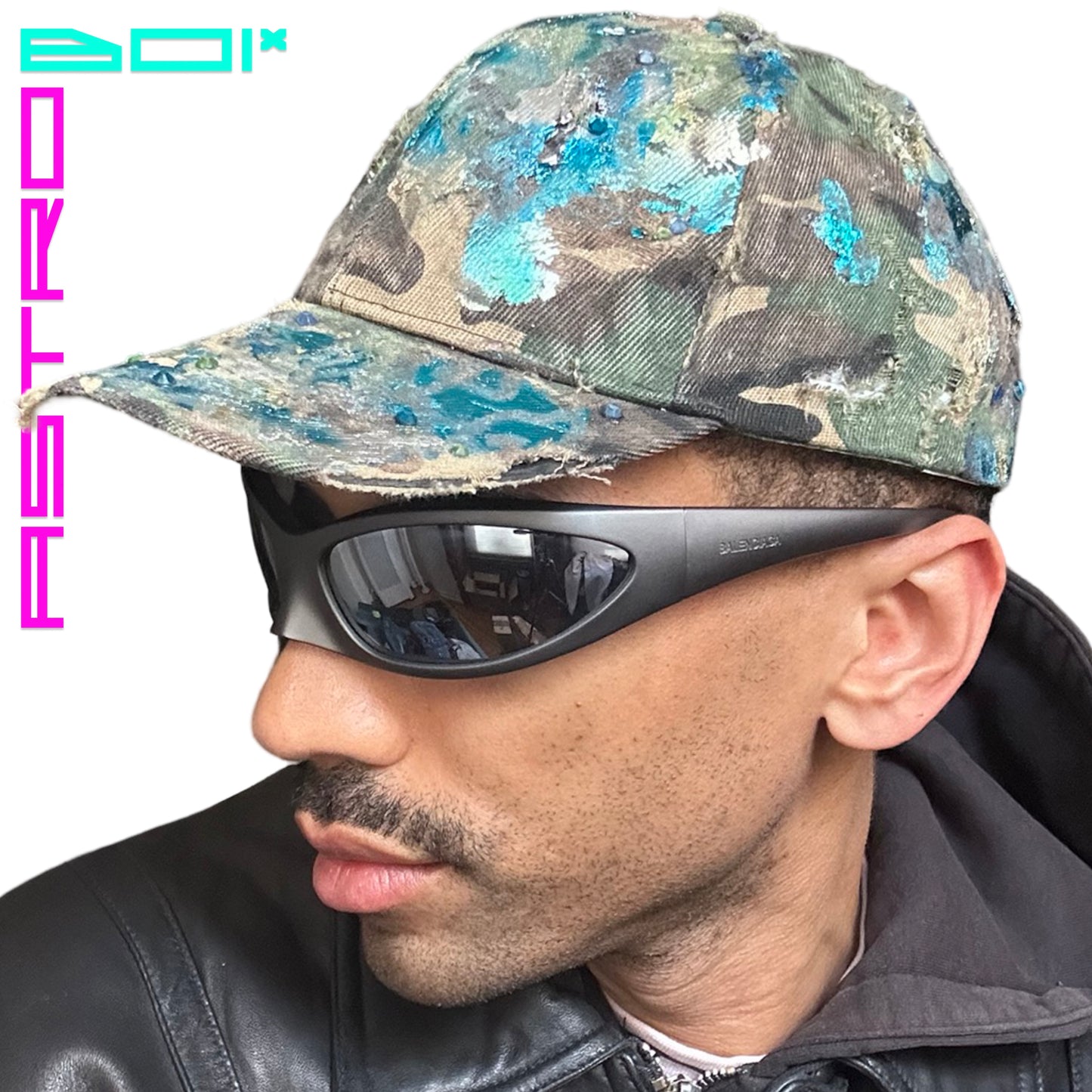 ASTROBOI* CUSTOM DISTRESSED BROWN CAMOUFLAGE METALLIC PAINT CAP WITH RHINESTONES