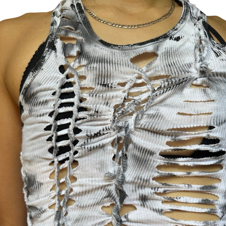 ASTROBOI* 'Smudge' White & Black Painted Braided Twist Tank Top – front detail