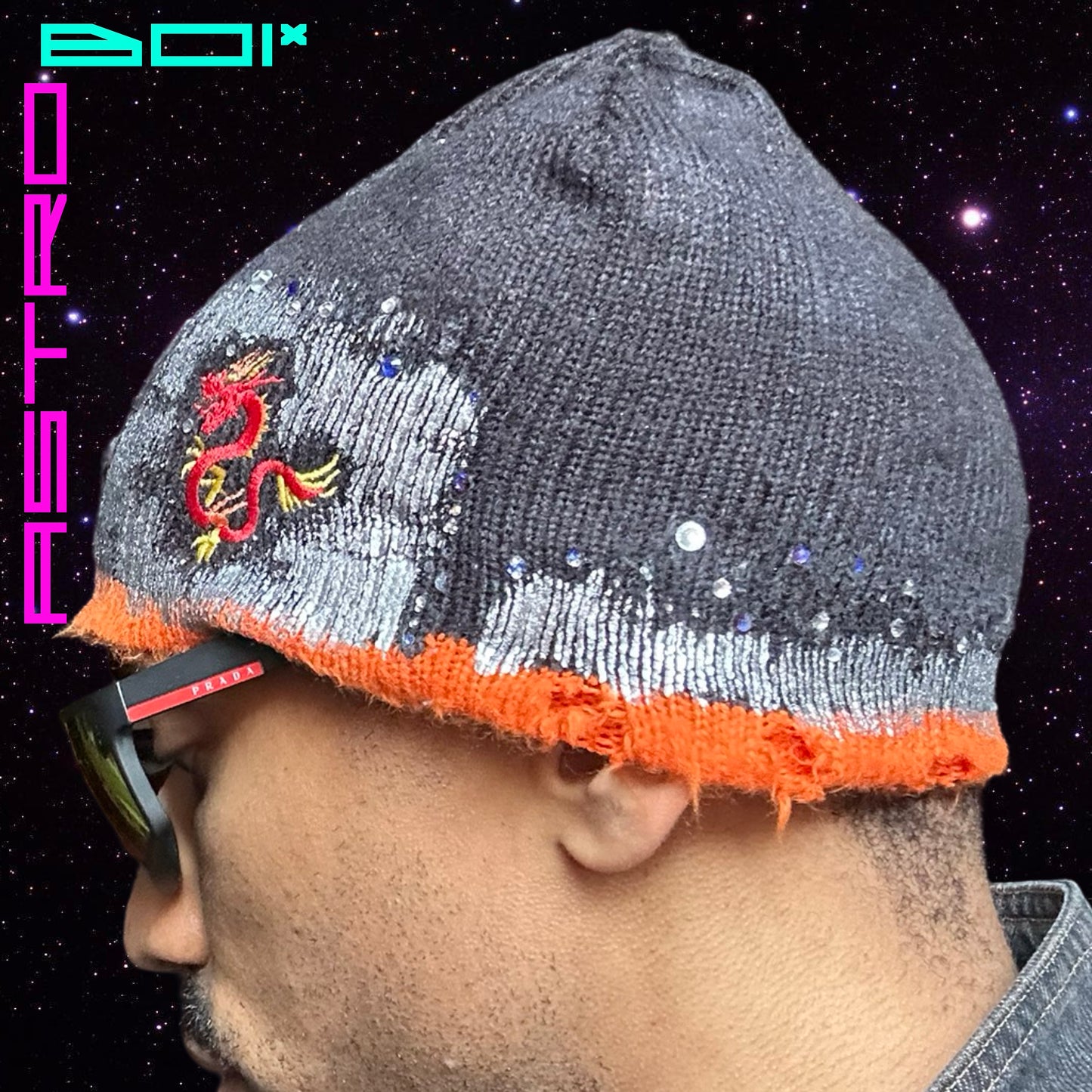 ASTROBOI* BLACK DRAGON KNIT RHINESTONE BEANIE