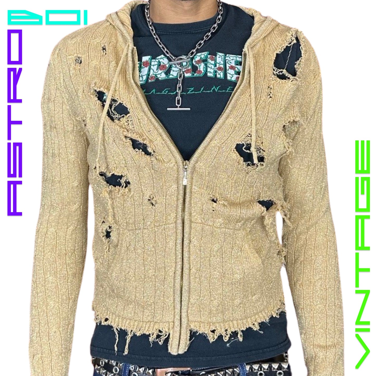 ASTROBOI CUSTOMIZED RALPH LAUREN GOLD CABLE KNIT GRUNGE ZIP UP_ LARGE