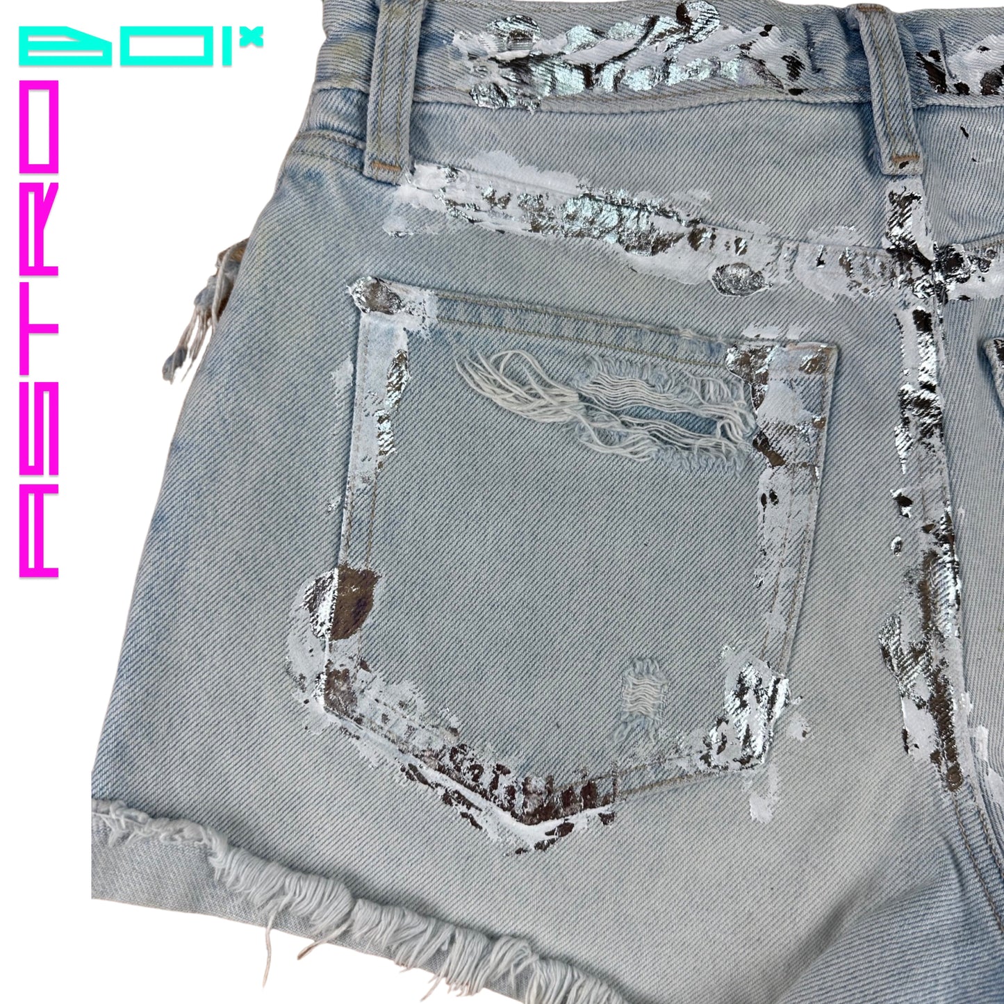ASTROBOI* x Abercrombie & Fitch Light Blue Foil Denim Shorts - Flat left