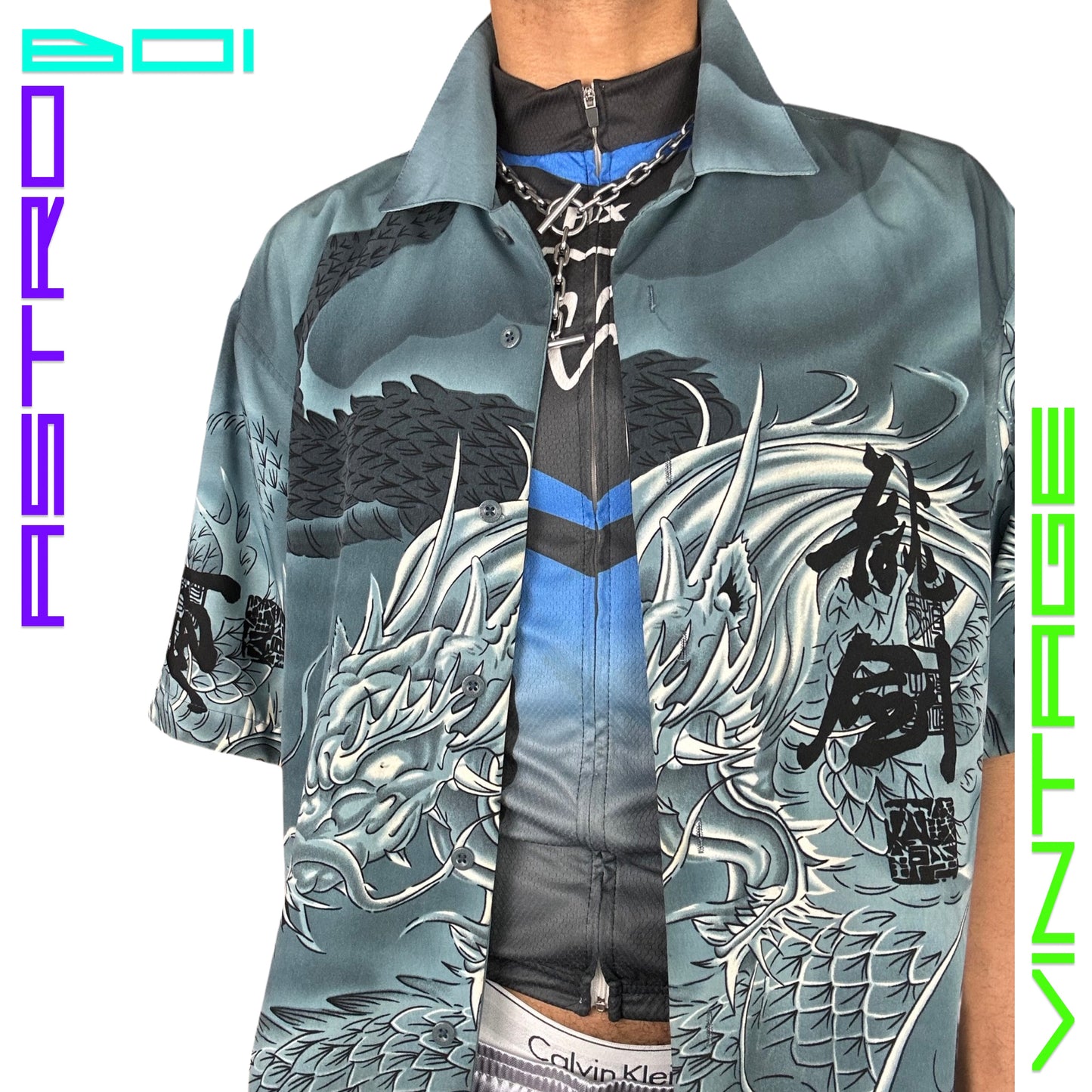 VINTAGE Y2K DRAGON SWORD BUTTON UP _ BLUE