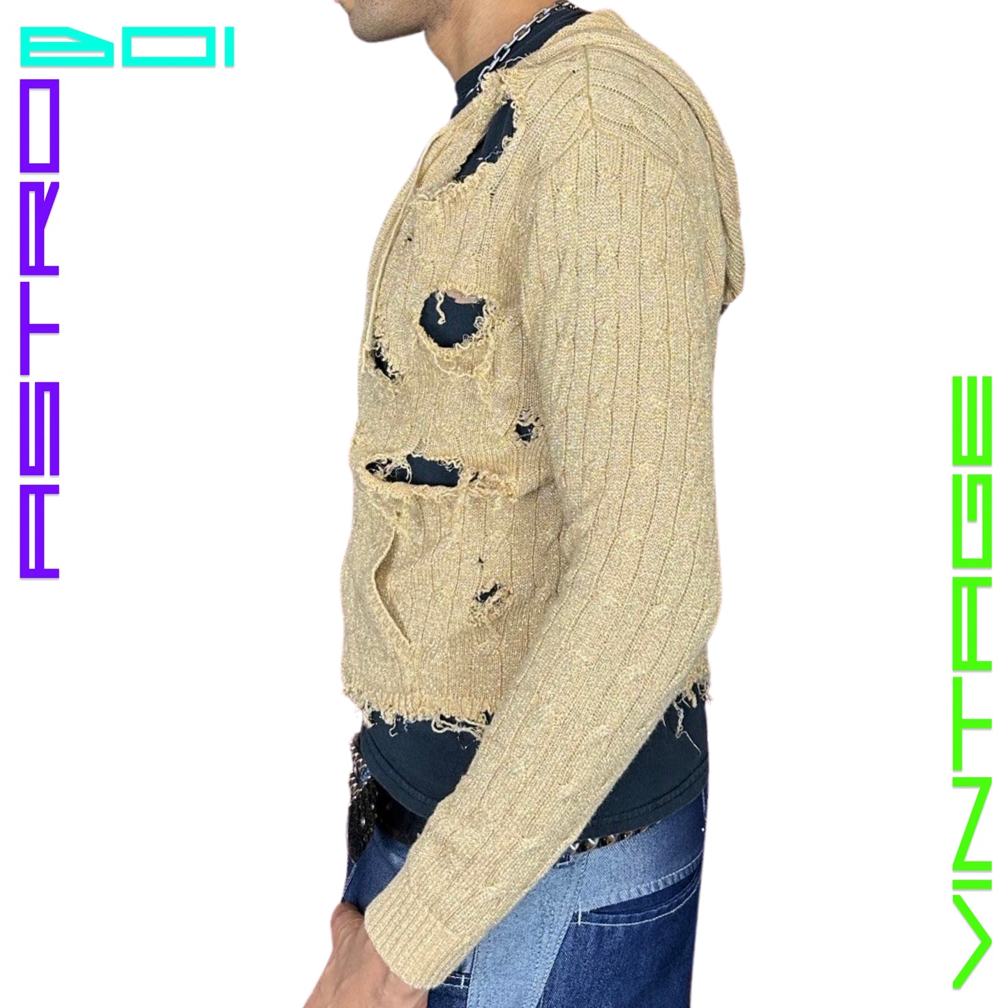 ASTROBOI CUSTOMIZED RALPH LAUREN GOLD CABLE KNIT GRUNGE ZIP UP_ LARGE