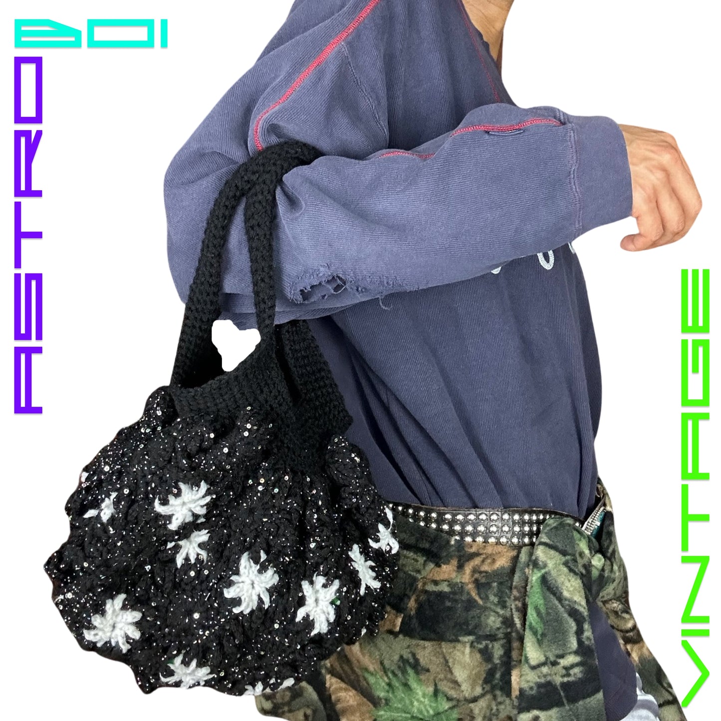 BLACK CROTCHET SHOULDER BAG WITH ABSTRACT WHITE SNOWFLAKES AND SEQUINS