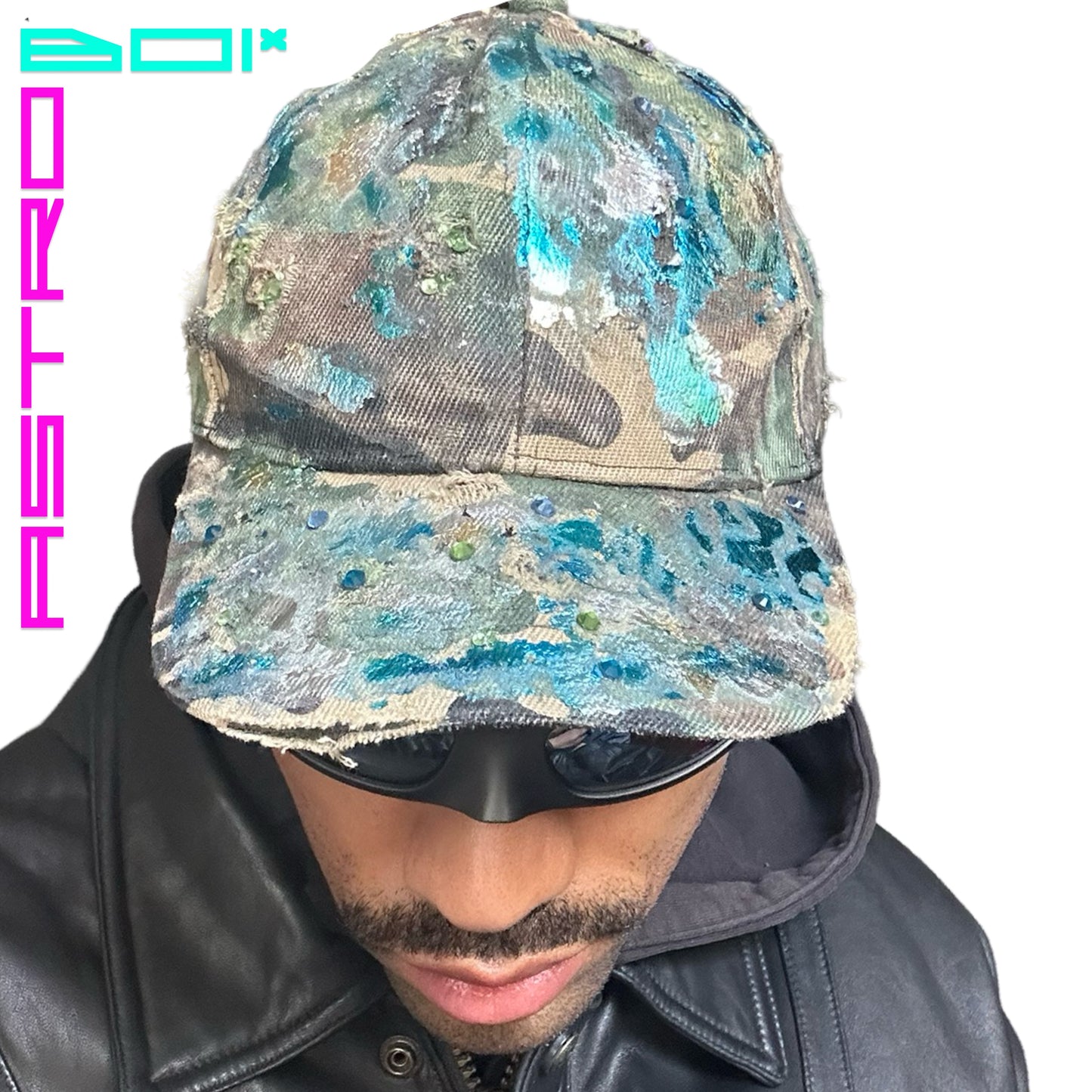 ASTROBOI* CUSTOM DISTRESSED BROWN CAMOUFLAGE METALLIC PAINT CAP WITH RHINESTONES