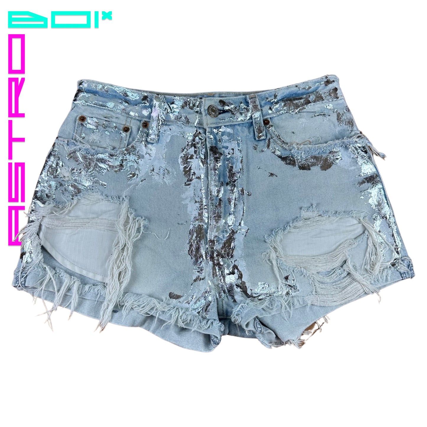 ASTROBOI* x Abercrombie & Fitch Light Blue Foil Denim Shorts - Flat front