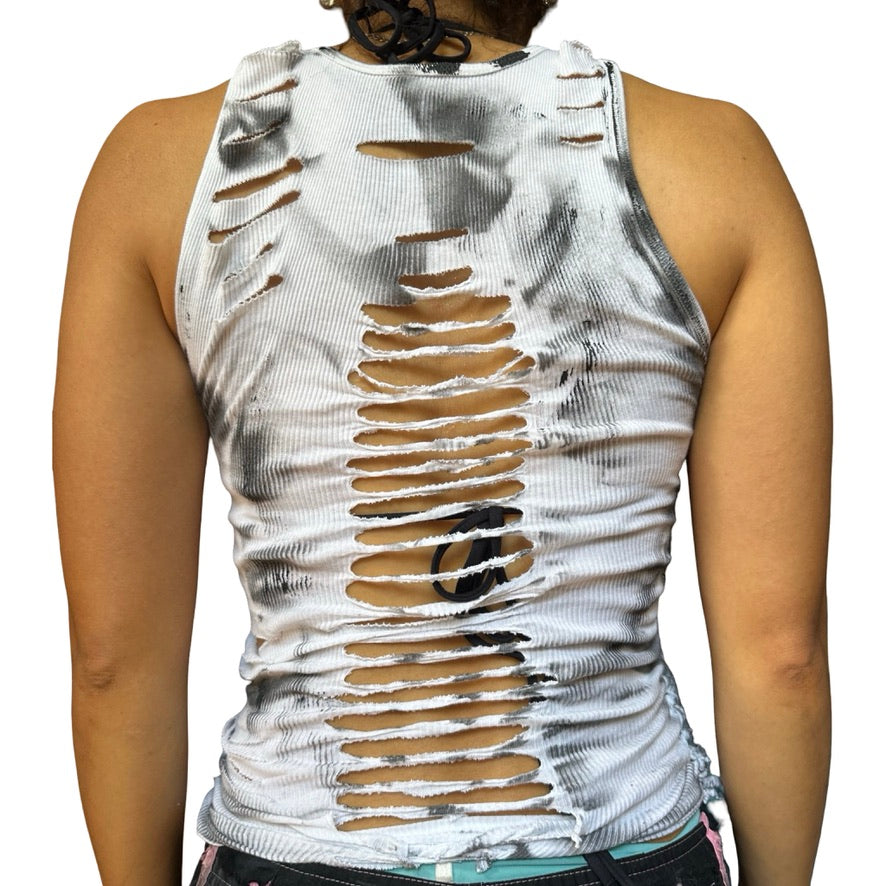 ASTROBOI* 'Smudge' White & Black Painted Braided Twist Tank Top – back