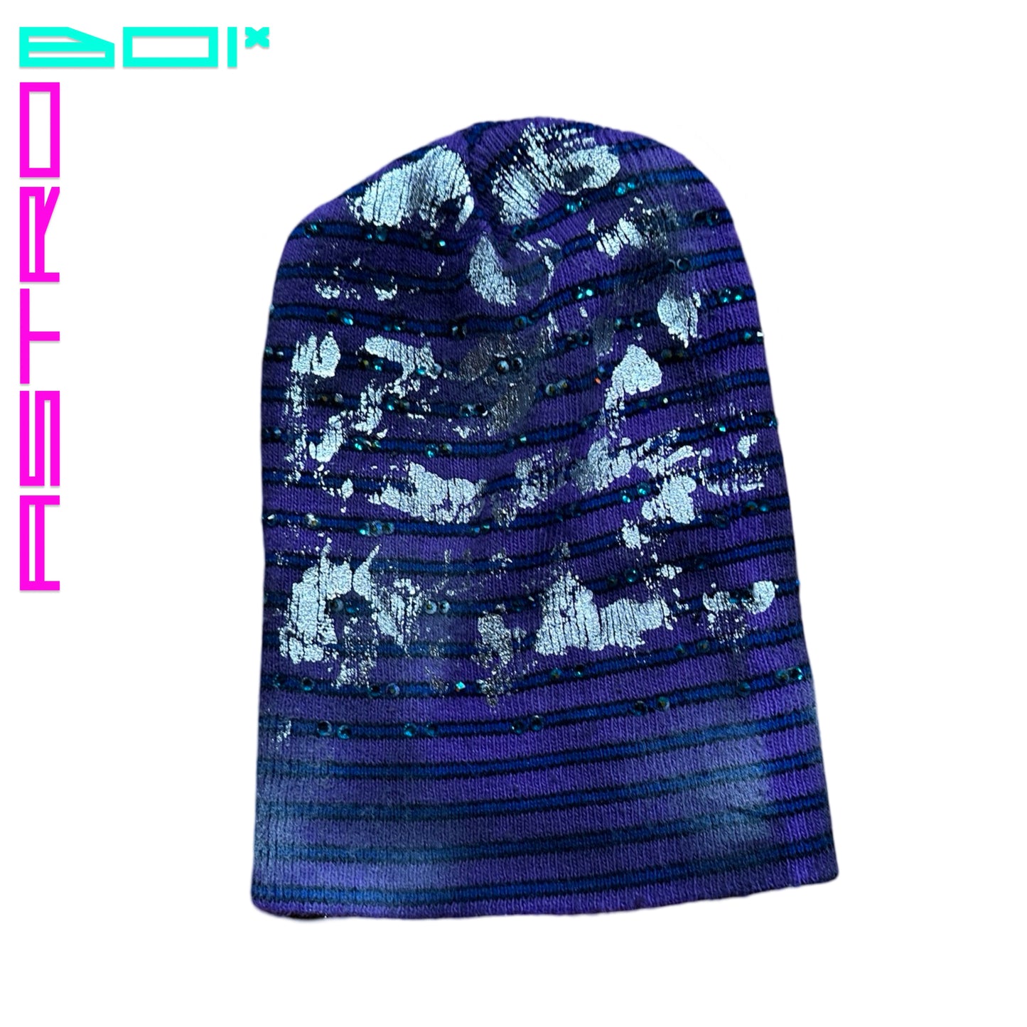ASTROBOI* JUPITER PURPLE/BLUE STRIPED BEANIE W/ RHINESTONES