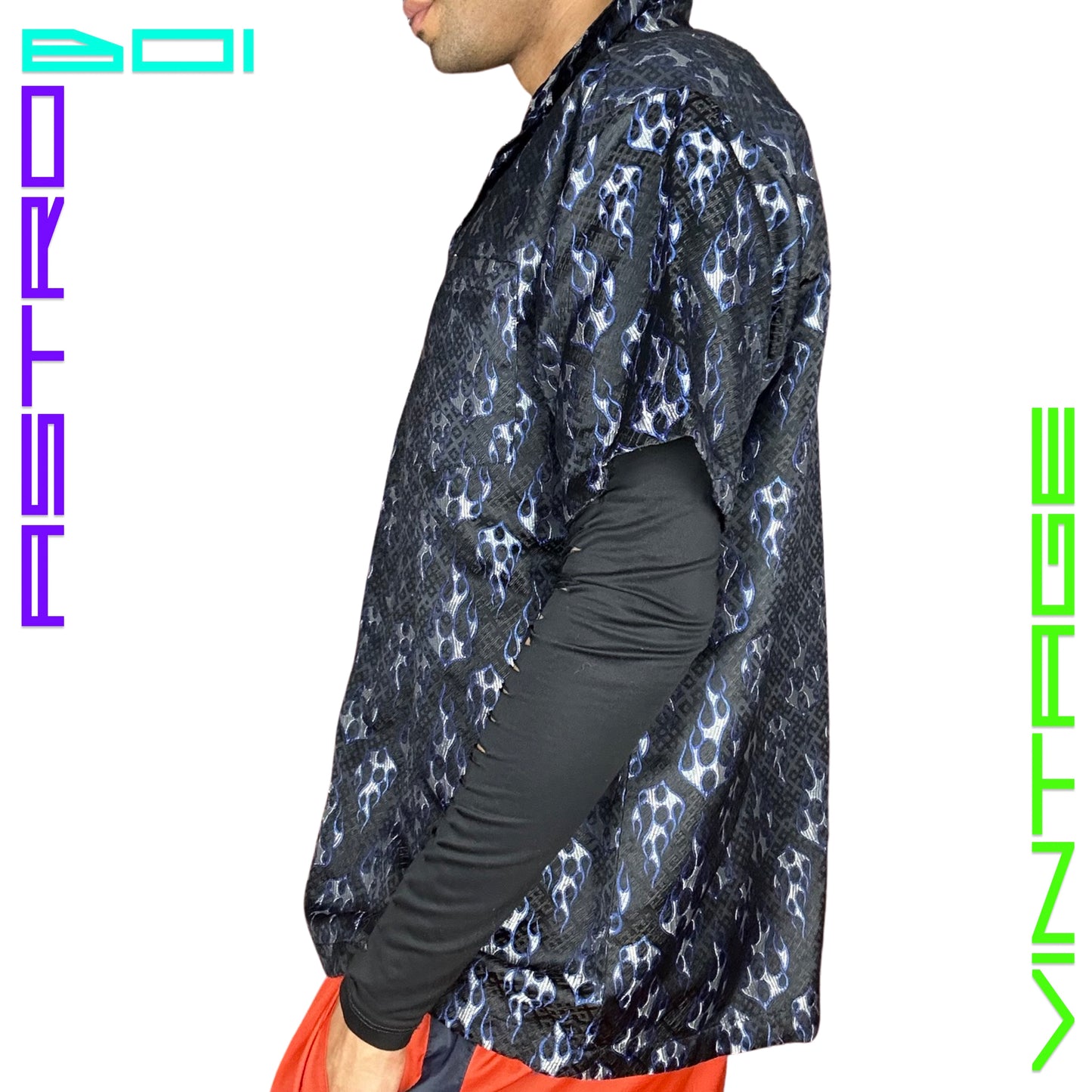 VINTAGE ODO Y2K BLUE FLAME BUTTON UP_ XL