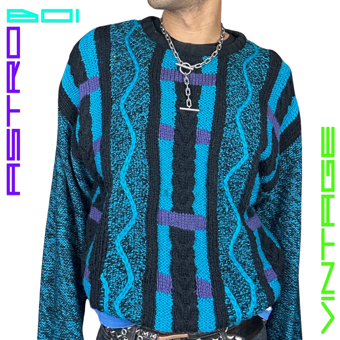 VINTAGE CATTIVO CRAZY KNIT BLUE SWEATER_ MEDIUM