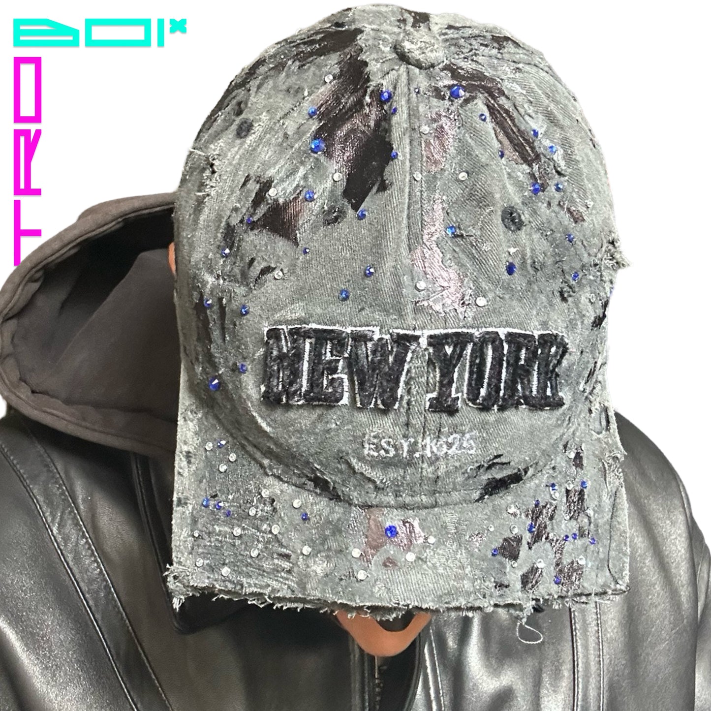 ASTROBOI* NEW YORK BLACK DISTRESSED HALF VISOR HAT WITH RHINESTONES