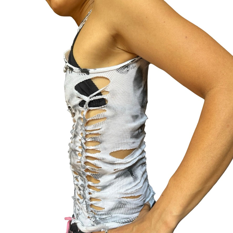ASTROBOI* 'Smudge' White & Black Painted Braided Twist Tank Top – left