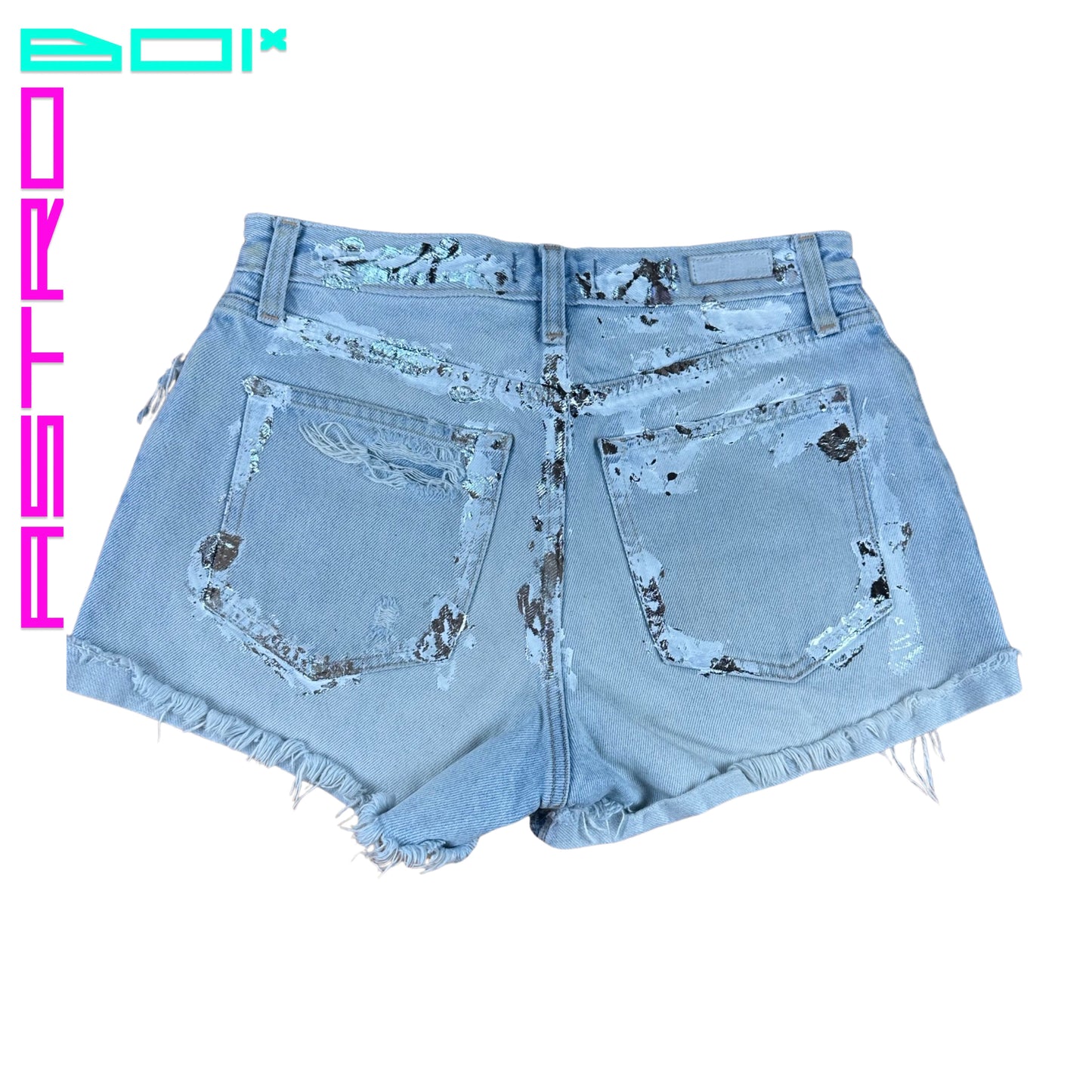 ASTROBOI* x Abercrombie & Fitch Light Blue Foil Denim Shorts - Flat back