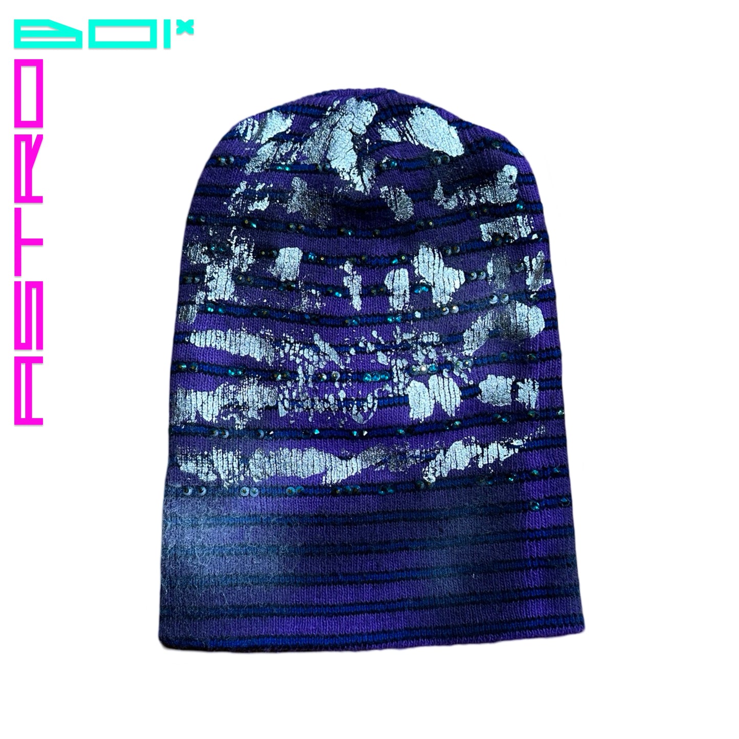 ASTROBOI* JUPITER PURPLE/BLUE STRIPED BEANIE W/ RHINESTONES
