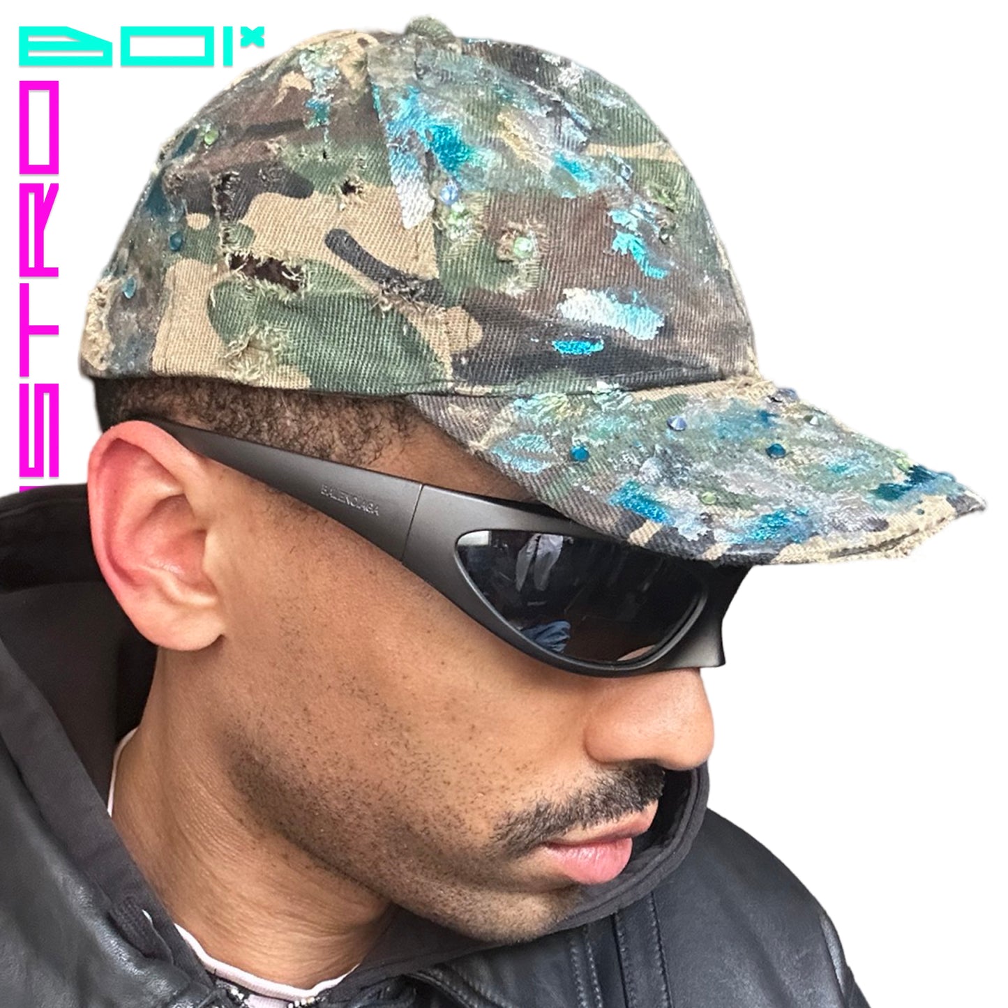 ASTROBOI* CUSTOM DISTRESSED BROWN CAMOUFLAGE METALLIC PAINT CAP WITH RHINESTONES
