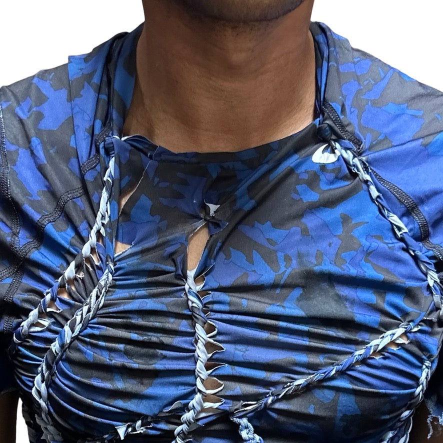 ASTROBOI* x Nike Pro Blue Camouflage Braided Twist T-shirt – neckline