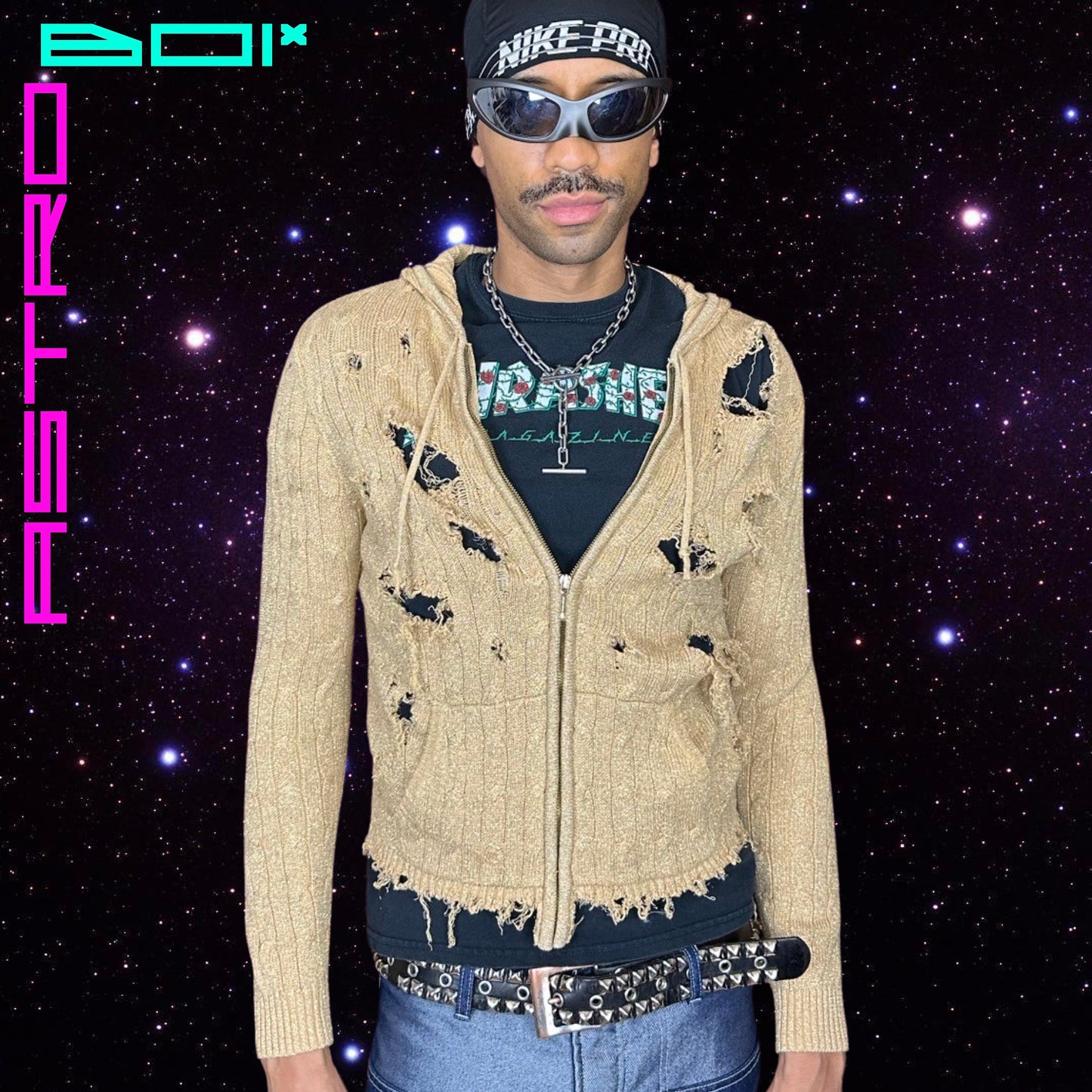 ASTROBOI CUSTOMIZED RALPH LAUREN GOLD CABLE KNIT GRUNGE ZIP UP_ LARGE