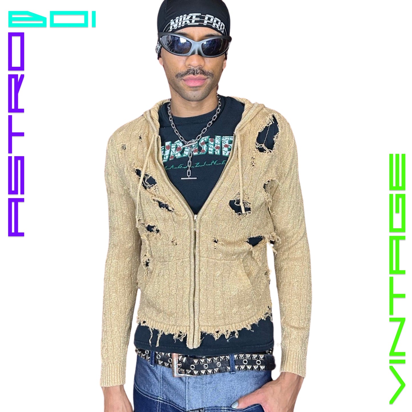 ASTROBOI CUSTOMIZED RALPH LAUREN GOLD CABLE KNIT GRUNGE ZIP UP_ LARGE