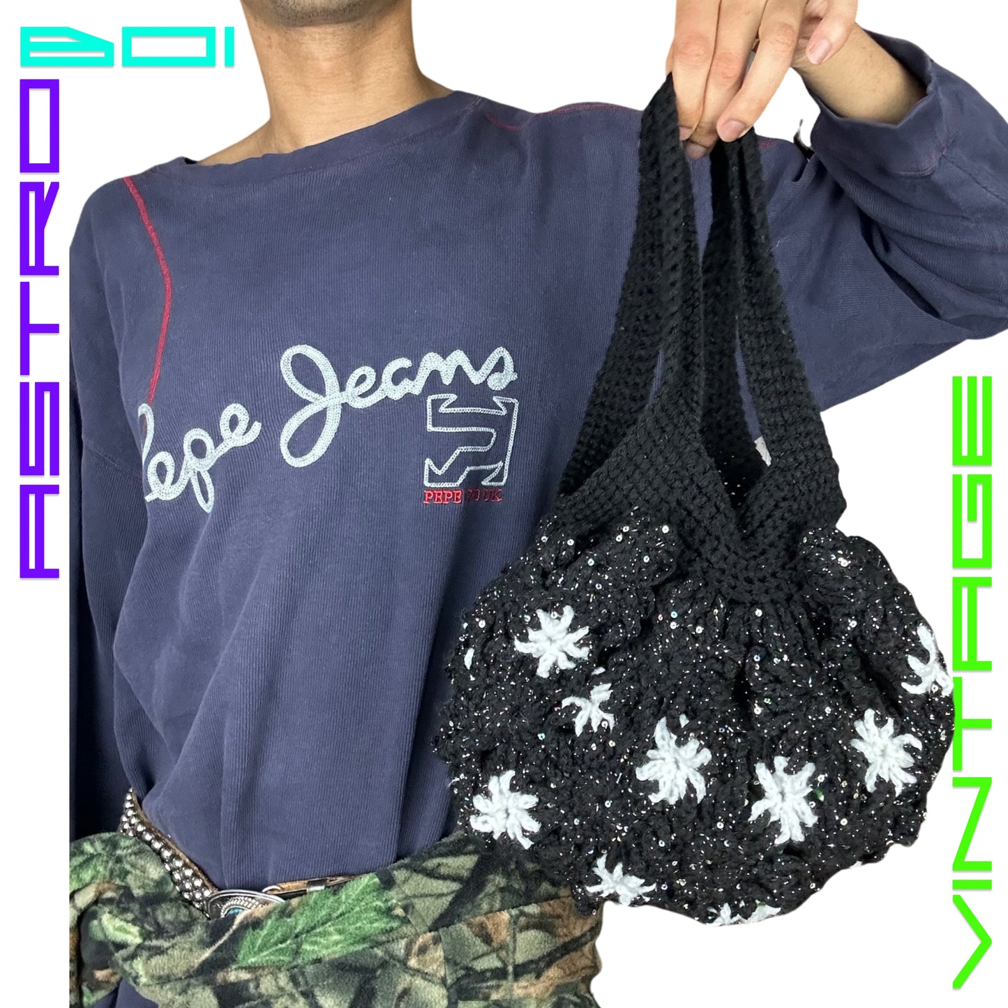BLACK CROTCHET SHOULDER BAG WITH ABSTRACT WHITE SNOWFLAKES AND SEQUINS
