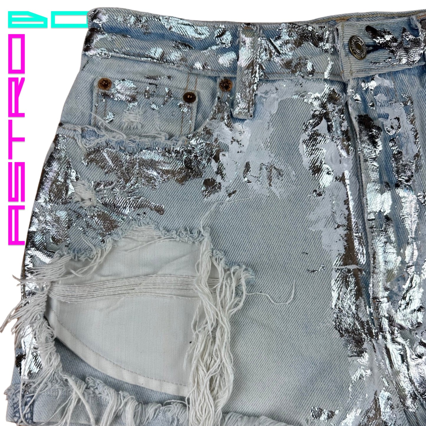 ASTROBOI* x Abercrombie & Fitch Light Blue Foil Denim Shorts - Flat front detail