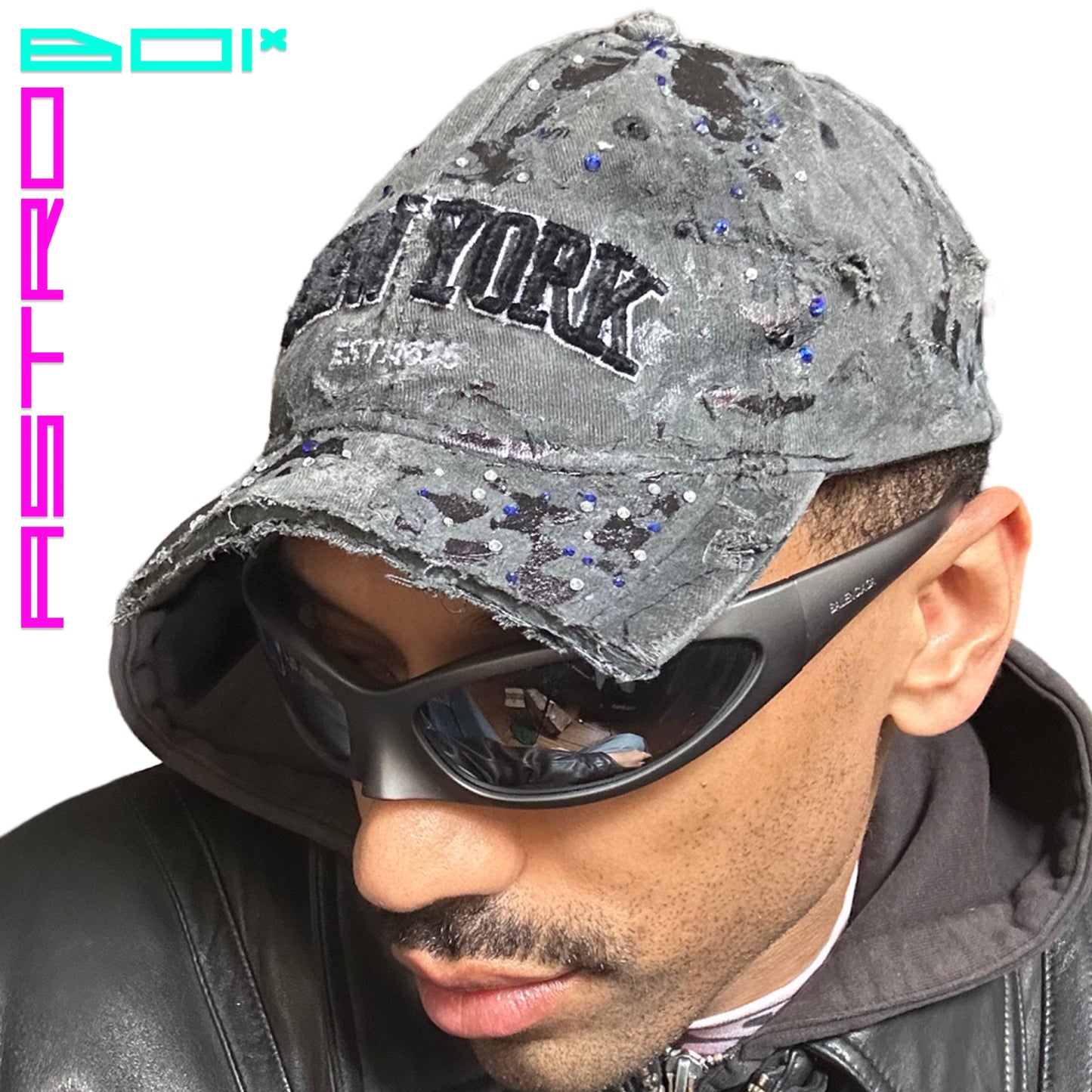 ASTROBOI* NEW YORK BLACK DISTRESSED HALF VISOR HAT WITH RHINESTONES