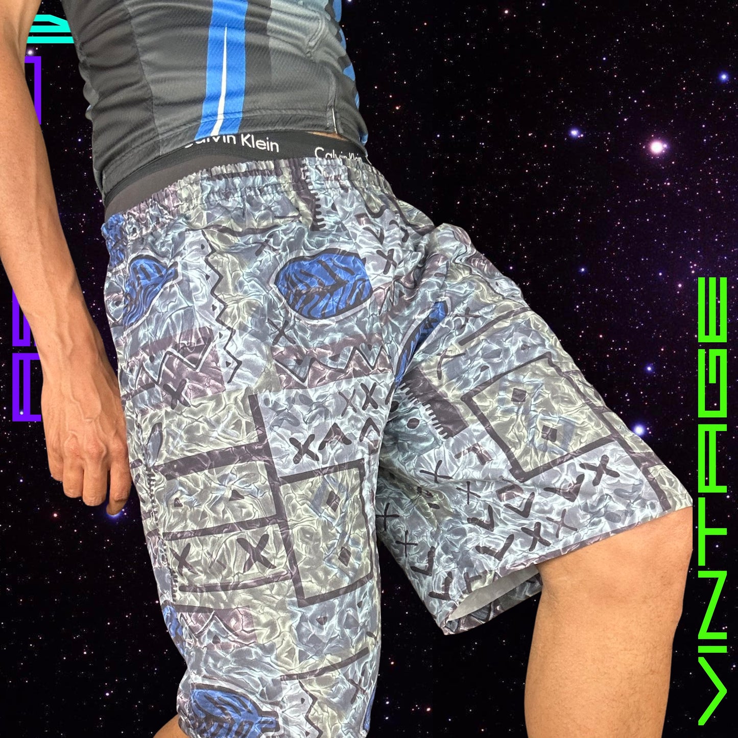 VINTAGE 90s WATER MOTIF NYLON SHORTS