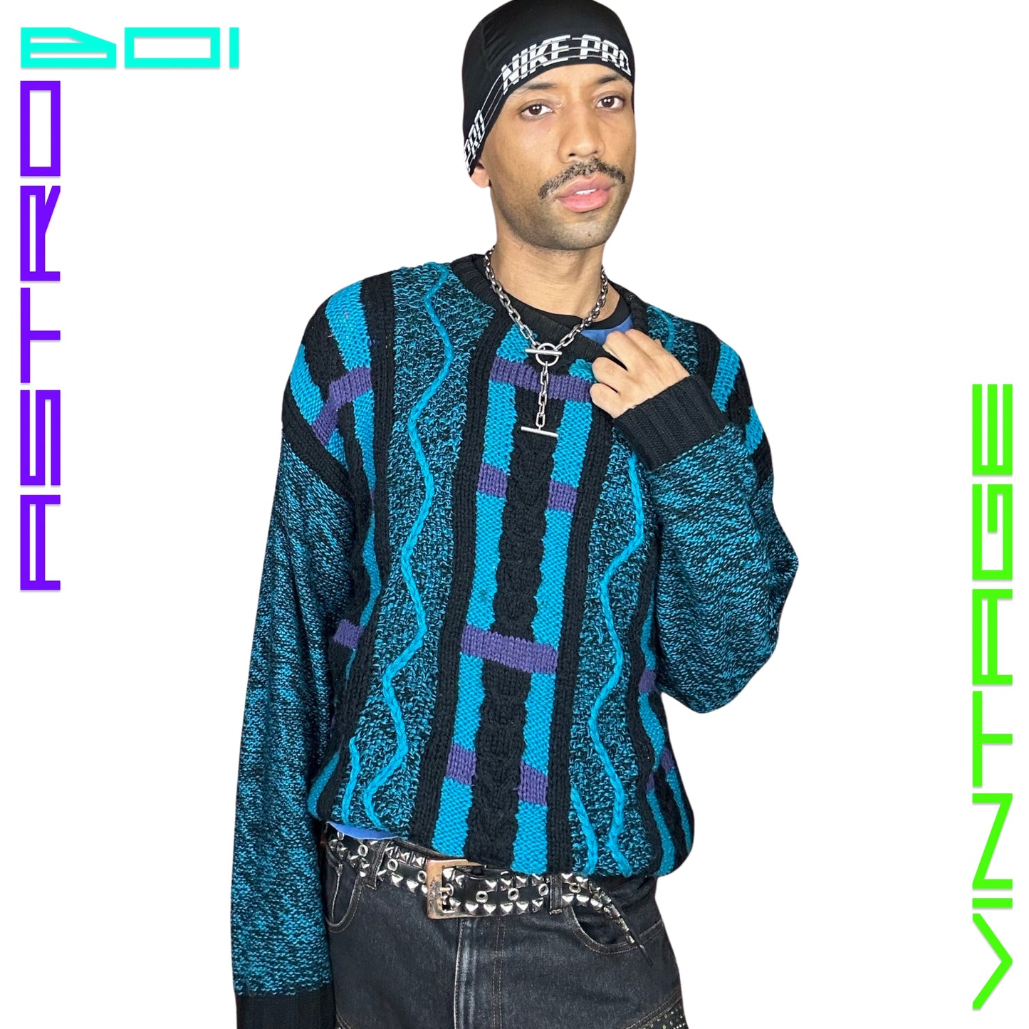 VINTAGE CATTIVO CRAZY KNIT BLUE SWEATER_ MEDIUM