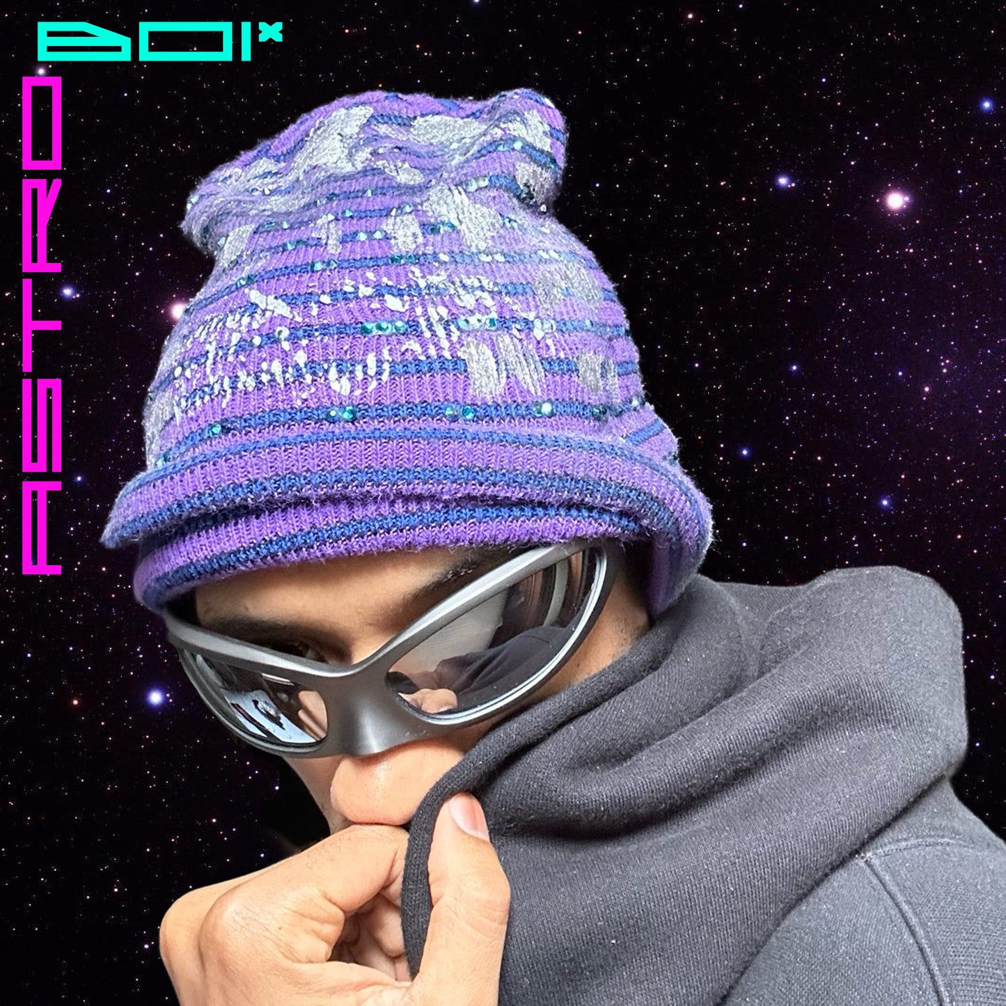 ASTROBOI* JUPITER PURPLE/BLUE STRIPED BEANIE W/ RHINESTONES