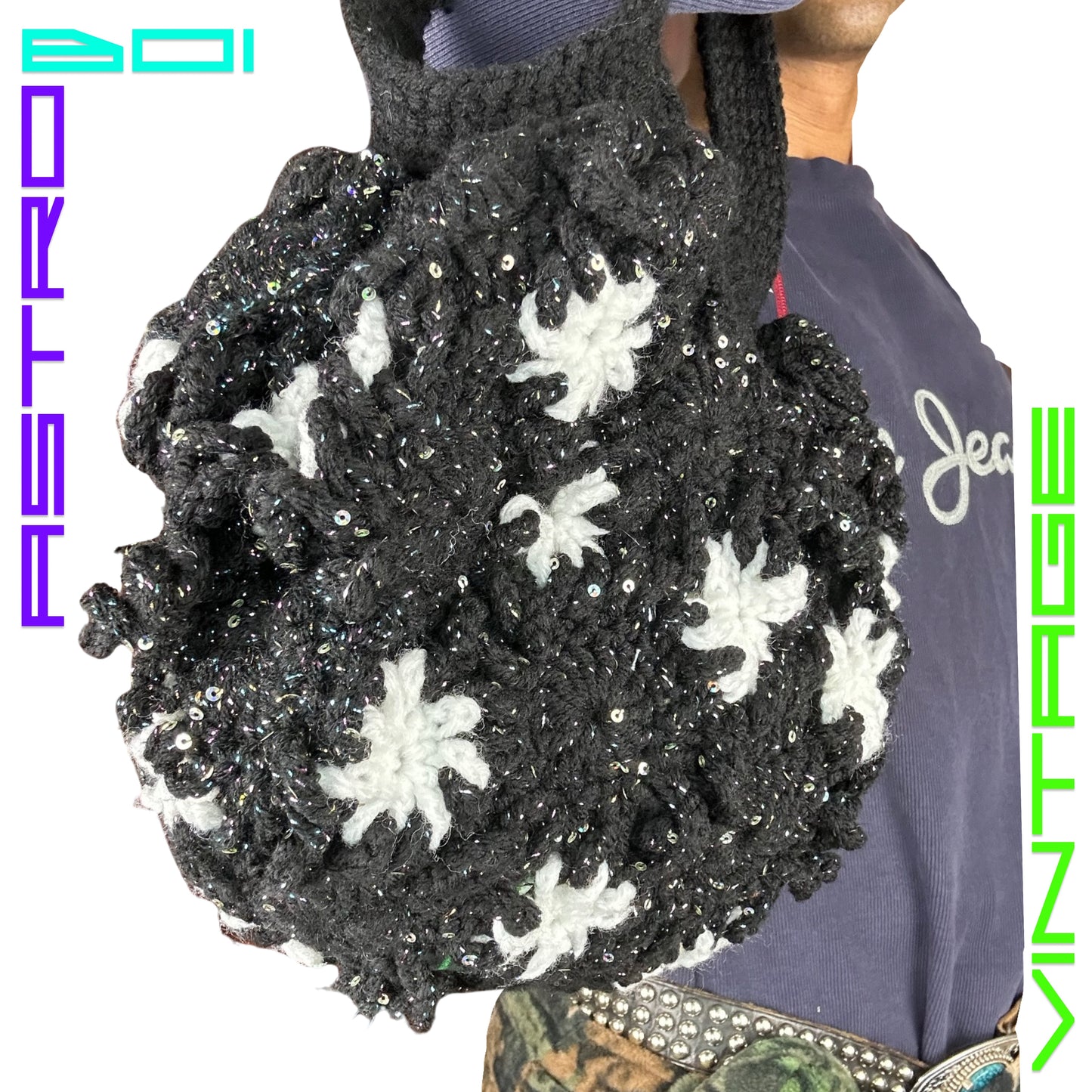 BLACK CROTCHET SHOULDER BAG WITH ABSTRACT WHITE SNOWFLAKES AND SEQUINS