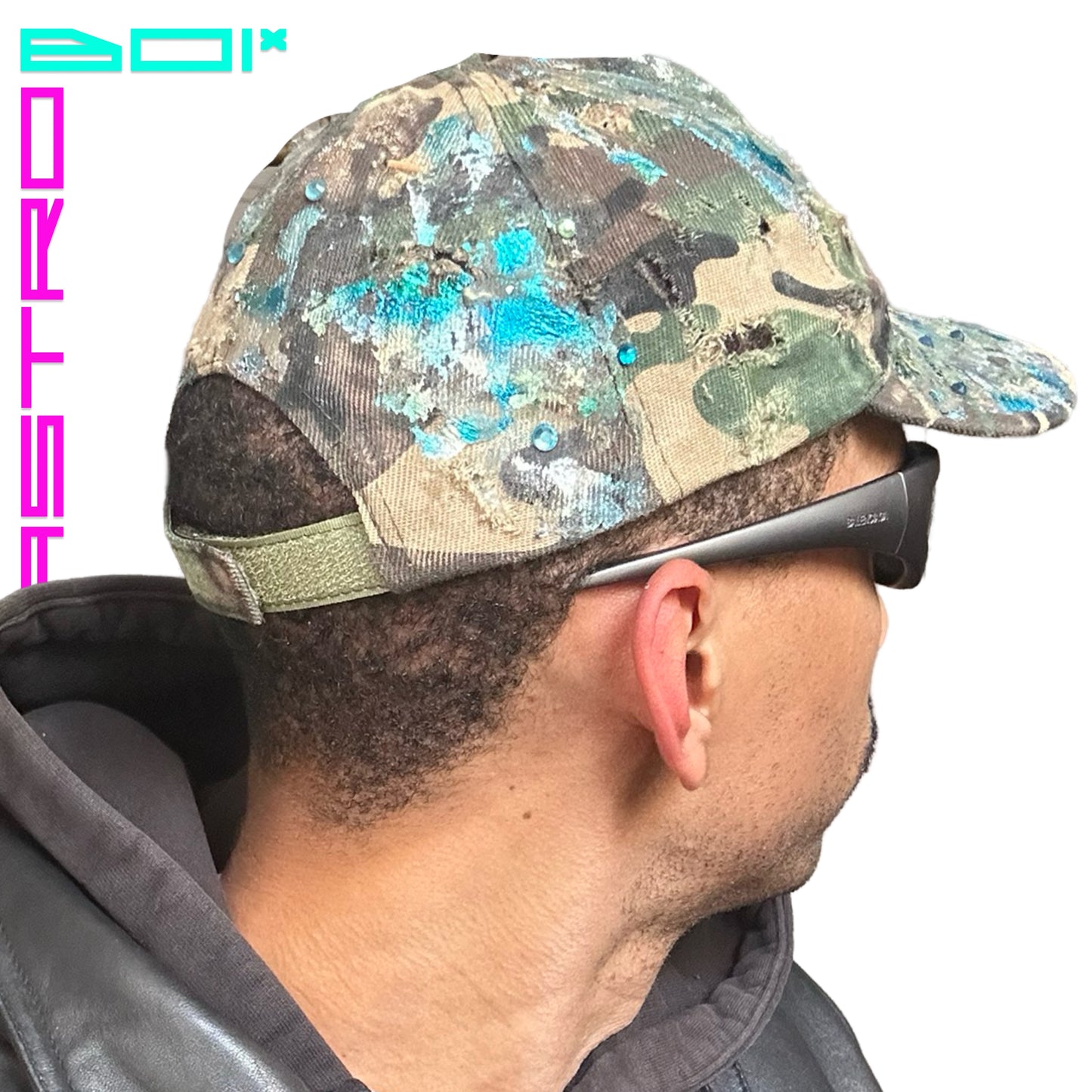 ASTROBOI* CUSTOM DISTRESSED BROWN CAMOUFLAGE METALLIC PAINT CAP WITH RHINESTONES