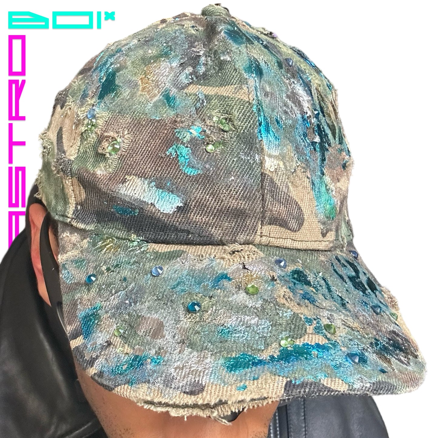 ASTROBOI* CUSTOM DISTRESSED BROWN CAMOUFLAGE METALLIC PAINT CAP WITH RHINESTONES