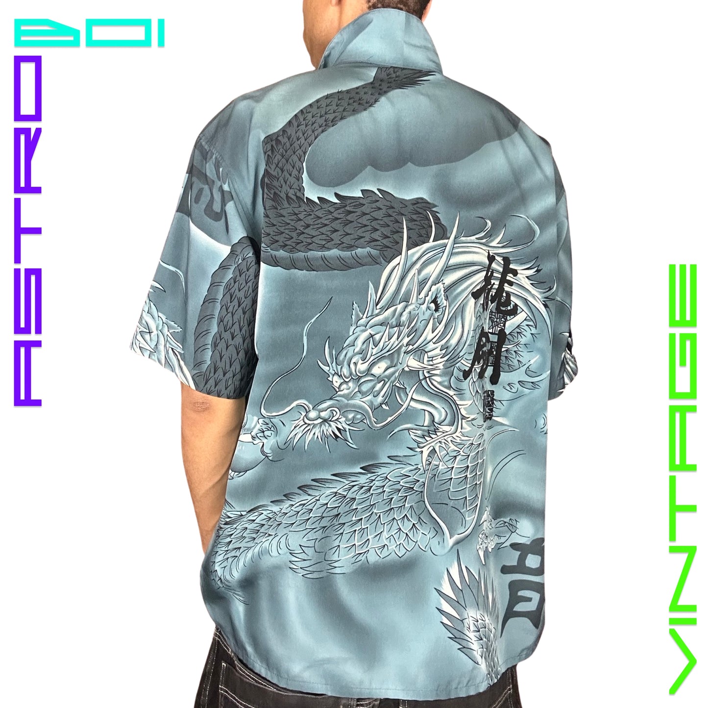 VINTAGE Y2K DRAGON SWORD BUTTON UP _ BLUE