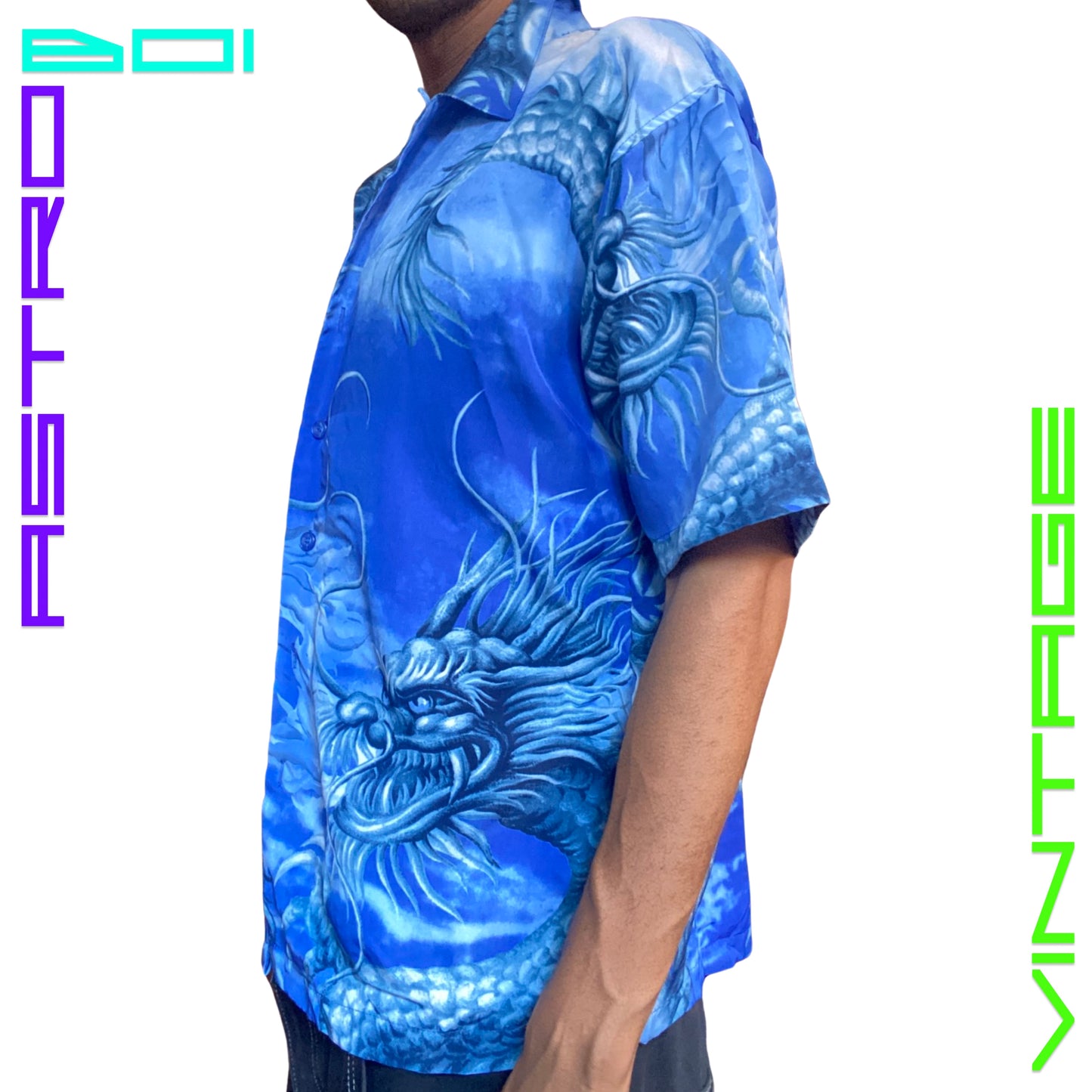 VINTAGE NO BOUNDARIES BLUE DRAGON PRINT SHIRT