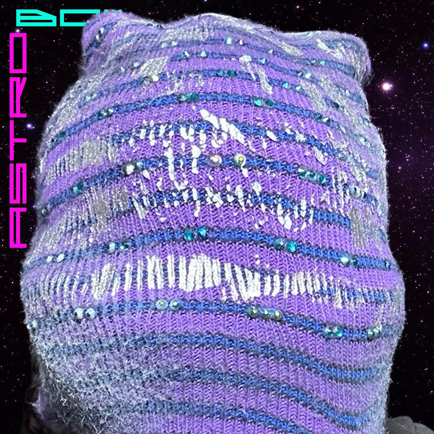 ASTROBOI* JUPITER PURPLE/BLUE STRIPED BEANIE W/ RHINESTONES