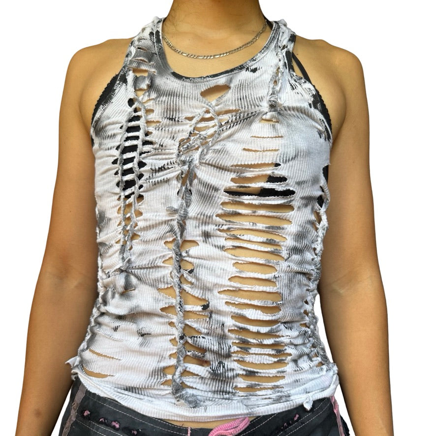 ASTROBOI* 'Smudge' White & Black Painted Braided Twist Tank Top – front