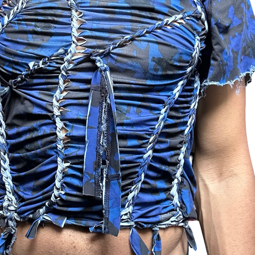 ASTROBOI* x Nike Pro Blue Camouflage Braided Twist T-shirt – front bottom detail