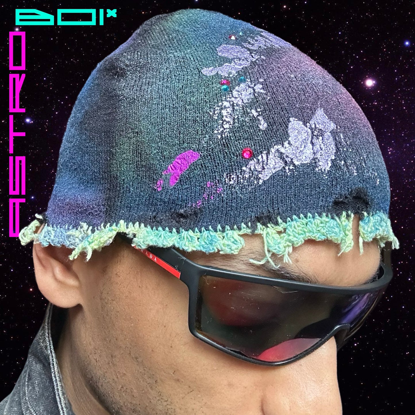 ASTROBOI* 'Starburst' Black Crotchet Rhinestone Beanie