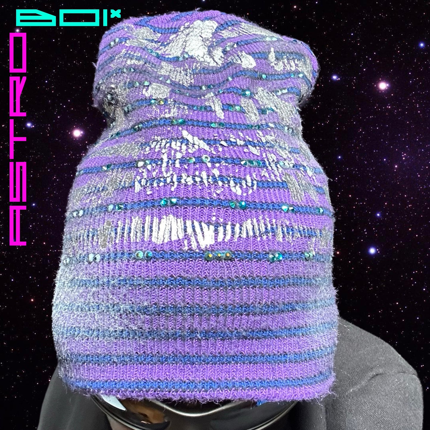 ASTROBOI* JUPITER PURPLE/BLUE STRIPED BEANIE W/ RHINESTONES