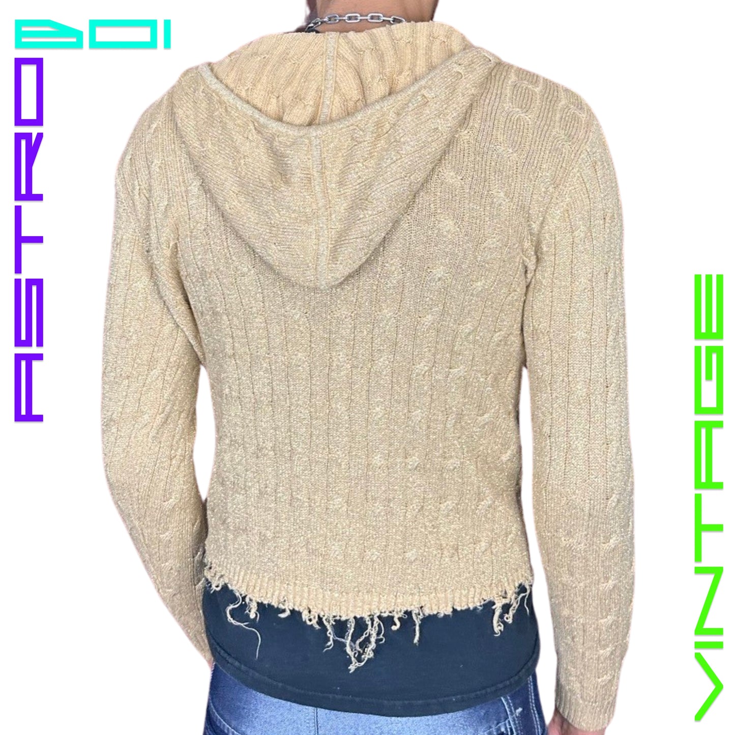 ASTROBOI CUSTOMIZED RALPH LAUREN GOLD CABLE KNIT GRUNGE ZIP UP_ LARGE