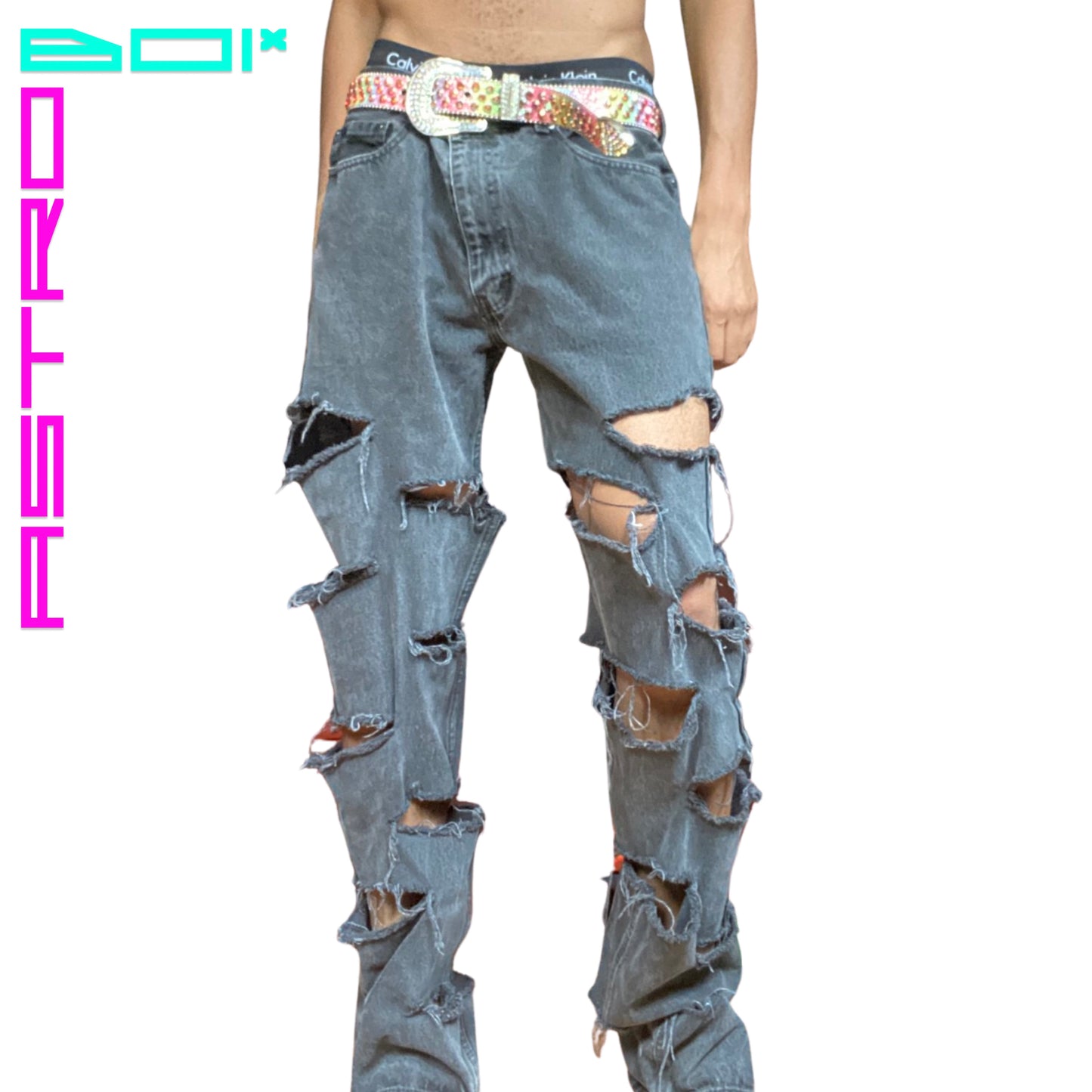 ASTROBOI* CUSTOMIZED LEVIS RIPPED JEANS _ GREY