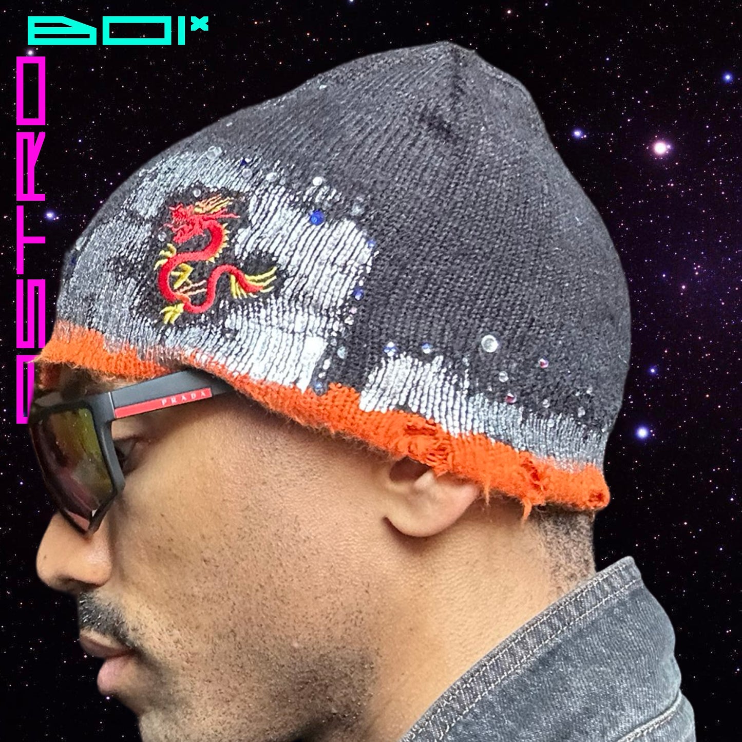 ASTROBOI* BLACK DRAGON KNIT RHINESTONE BEANIE