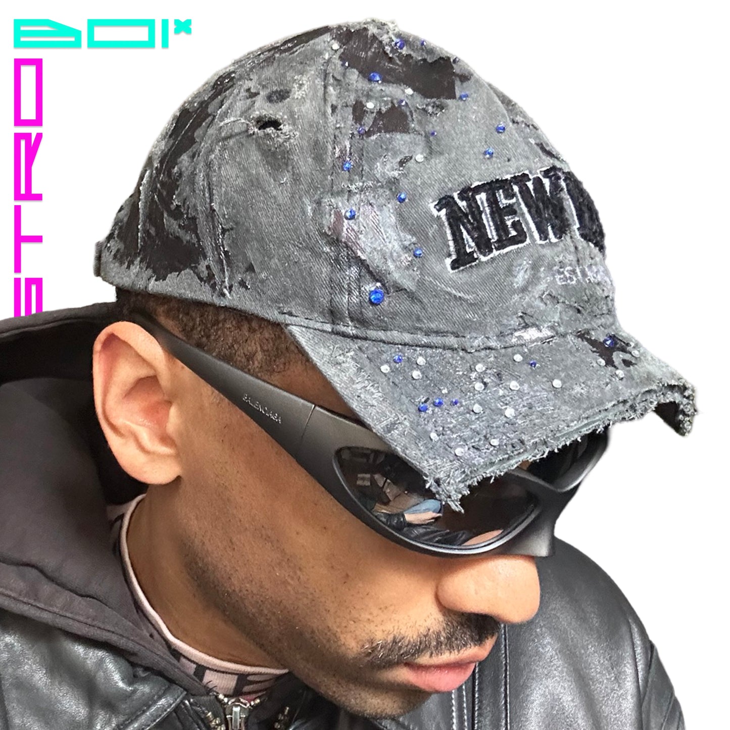 ASTROBOI* NEW YORK BLACK DISTRESSED HALF VISOR HAT WITH RHINESTONES