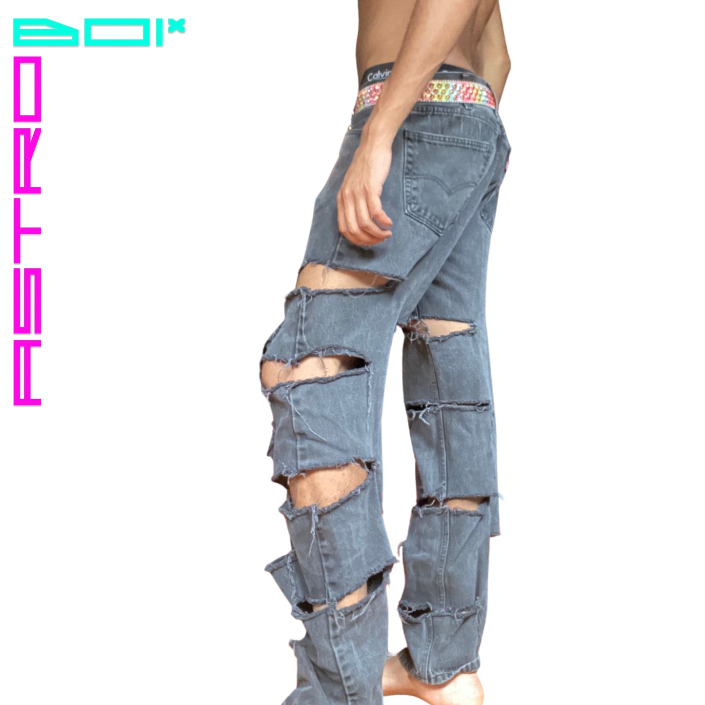 ASTROBOI* CUSTOMIZED LEVIS RIPPED JEANS _ GREY