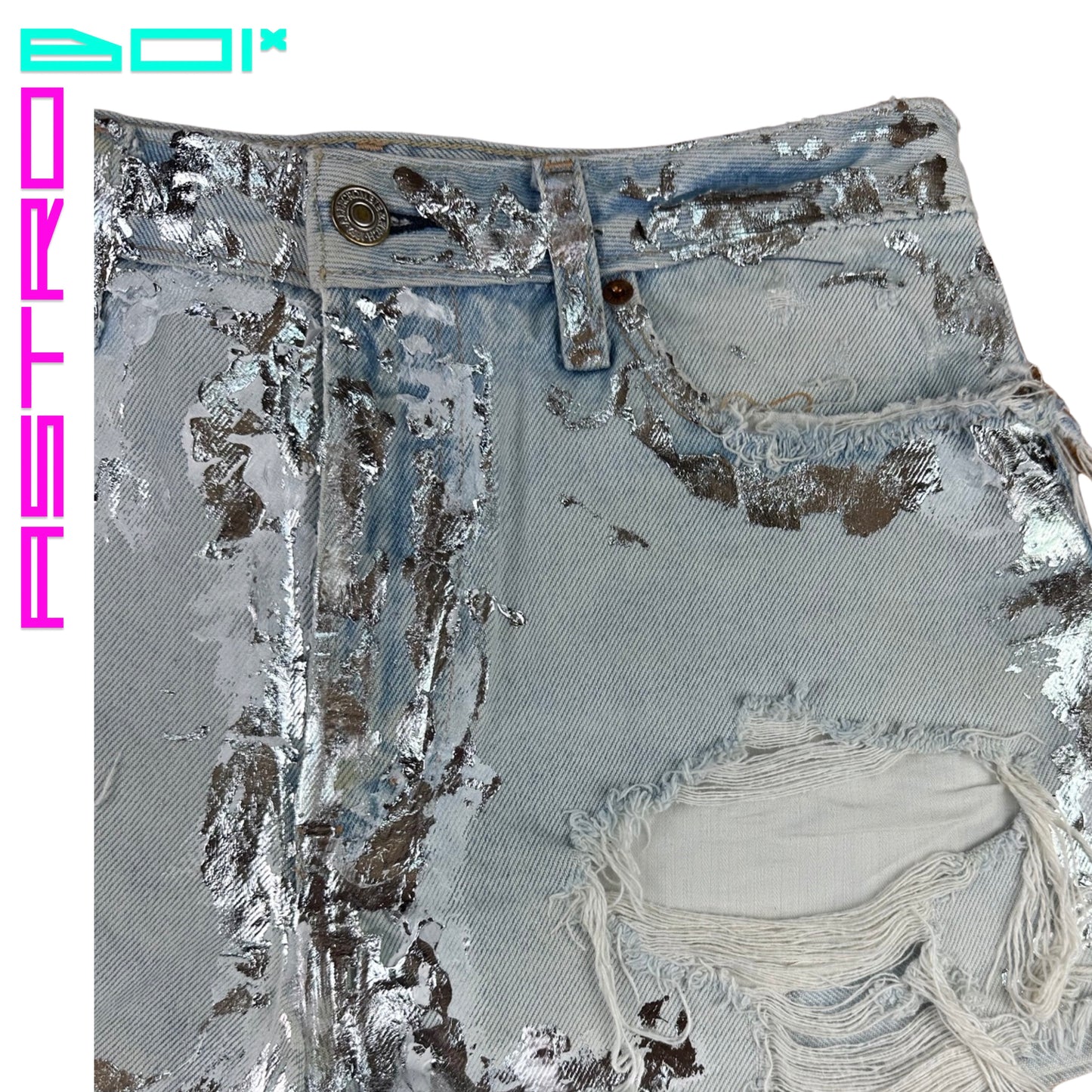 ASTROBOI* x Abercrombie & Fitch Light Blue Foil Denim Shorts - Flat front right
